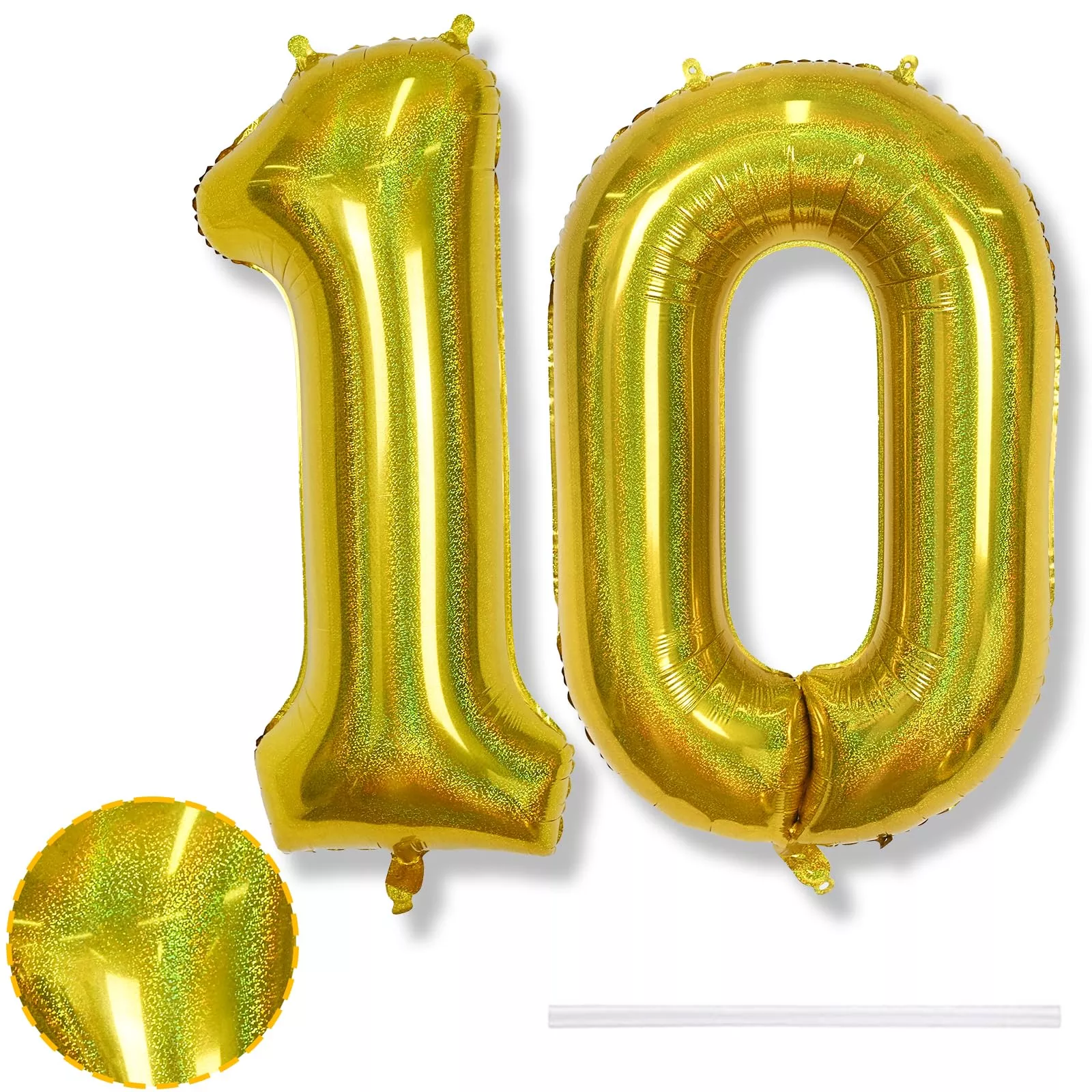 10Th Birthday Balloons For Boys, Large Laser Gold Foil Number 10 Ballo