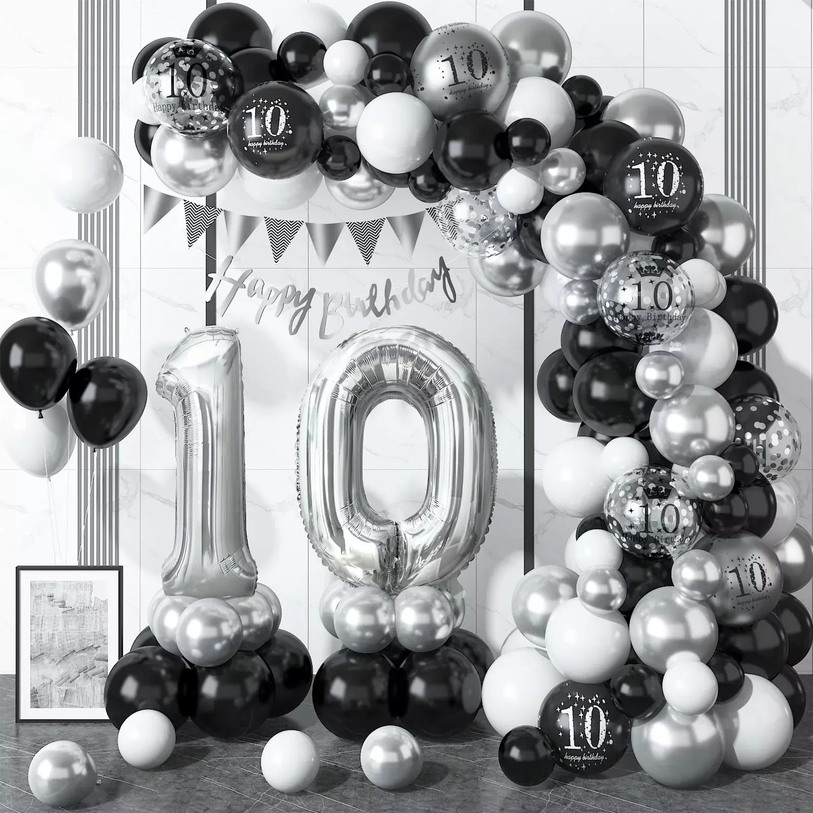 10Th Birthday Decorations Black Silver,10Th Birthday Balloon Garland P