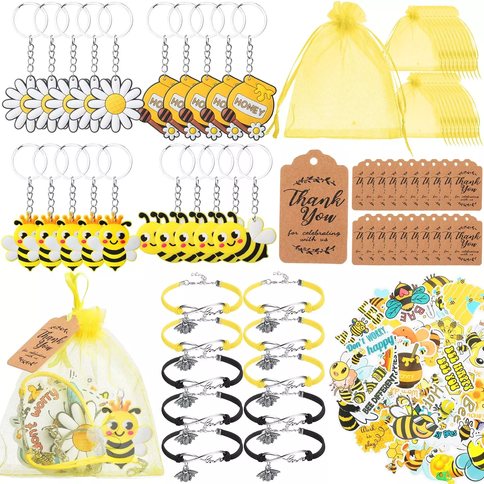 130 Pcs Bee Party Favors Including Bee Keychains Adjustable Bee Bracel