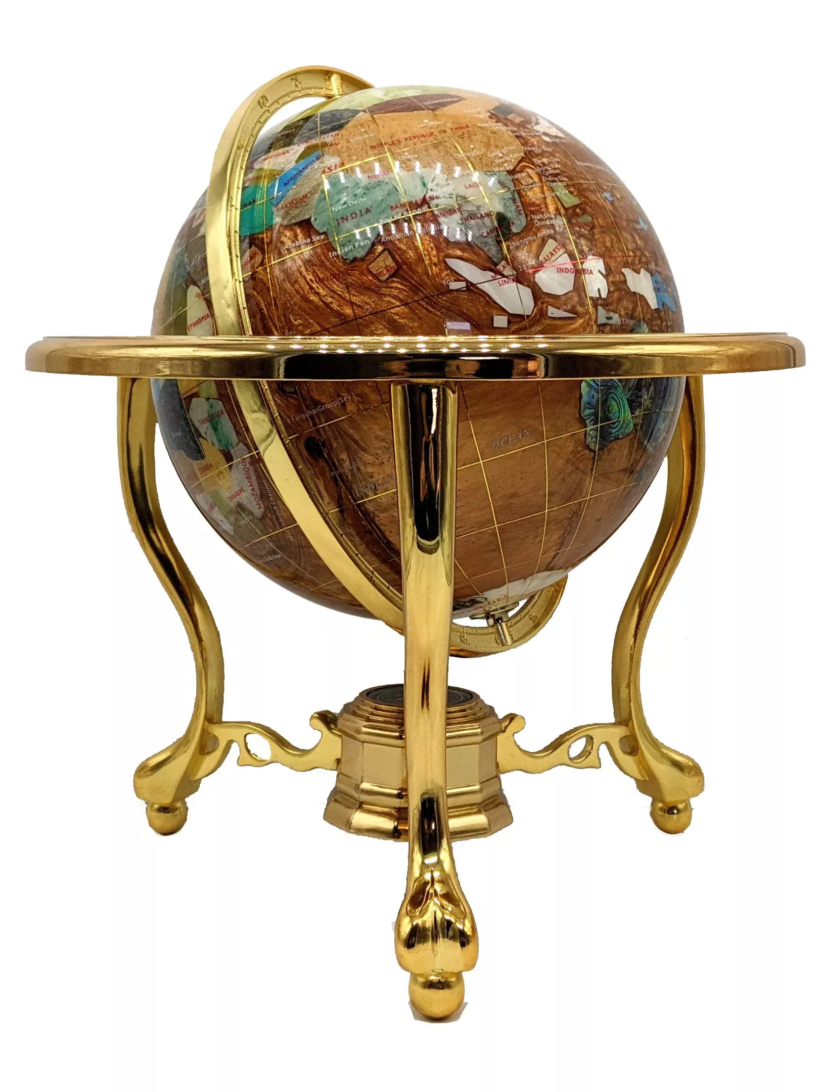 14' Tall Amber Pearl Gold Stand Gem Gemstone World Map Globe Globes Ma