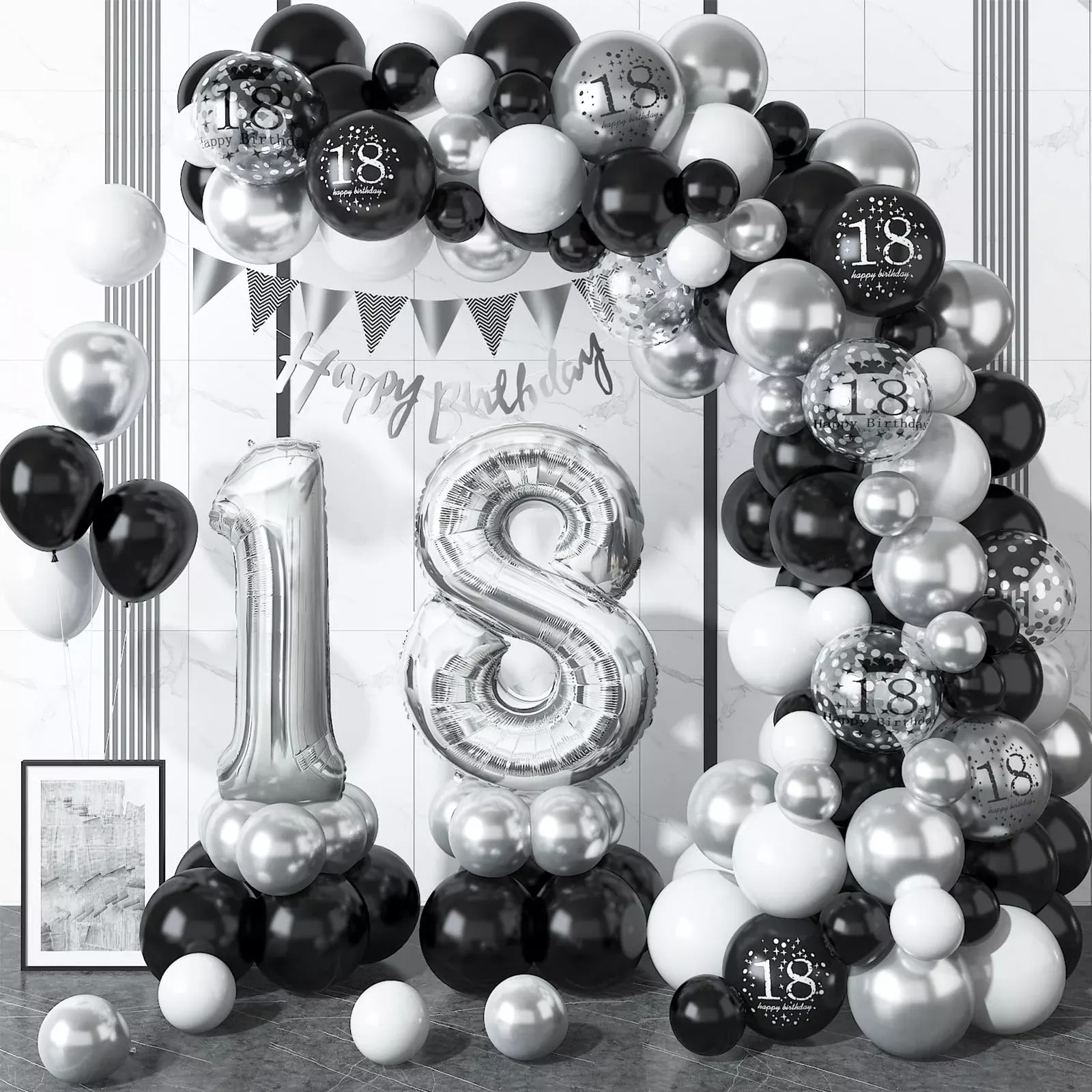 18Th Birthday Decorations Black Silver,18Th Birthday Balloon Garland P