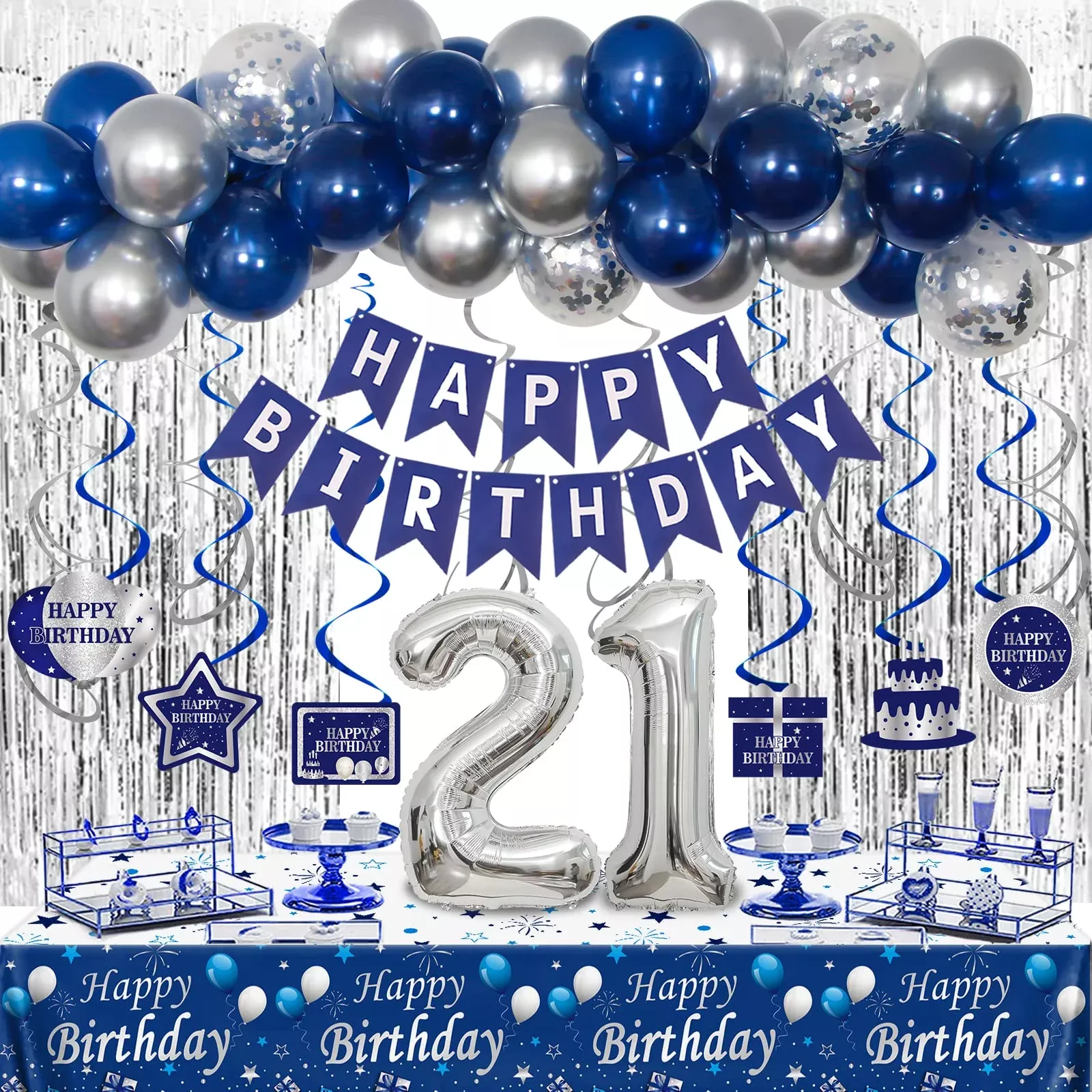 21St Birthday Decorations For Him, Blue Silver Happy 21St Birthday Dec