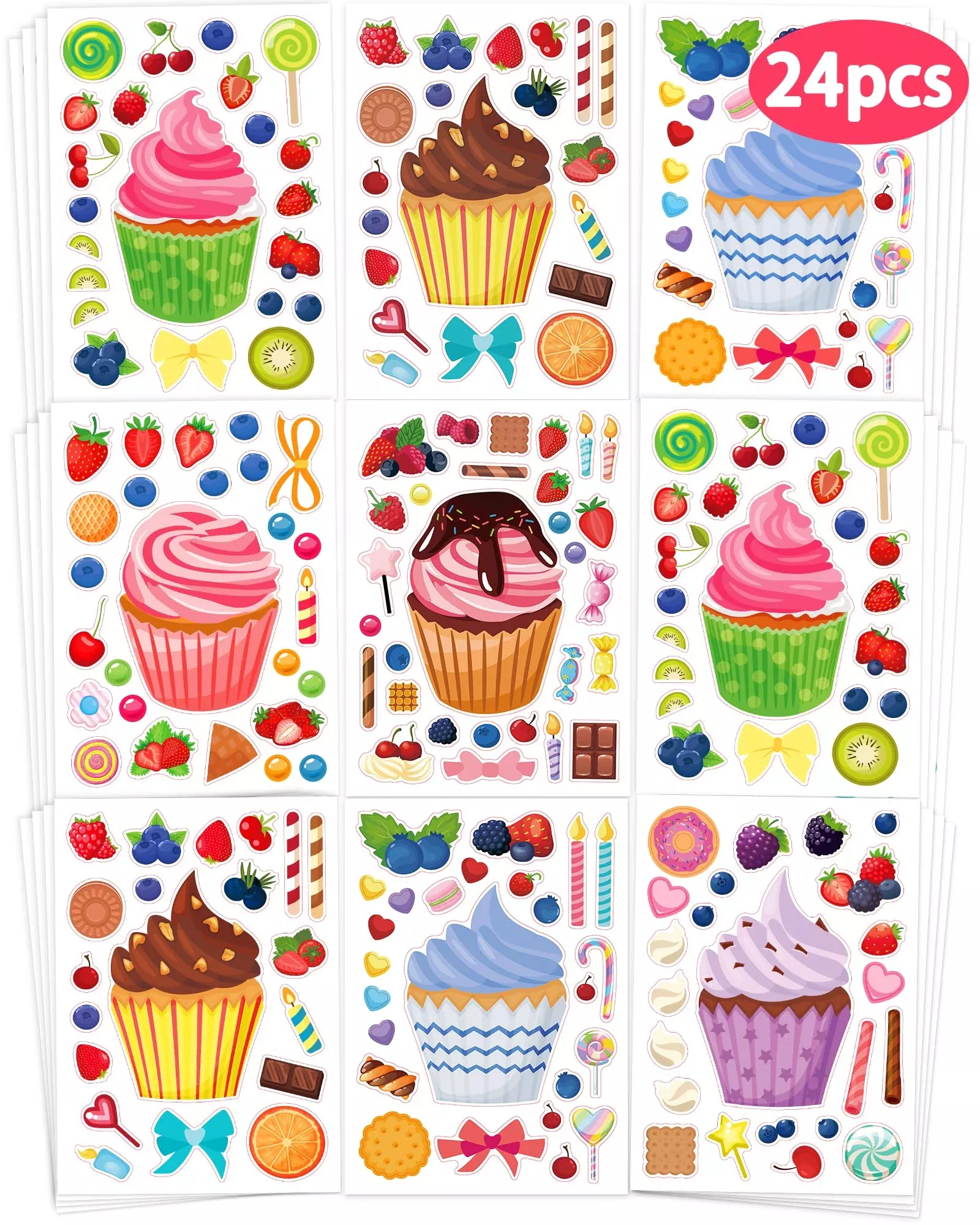 24 Pcs Make Your Own Cupcake Sticker Sheets For Kids, Cupcake Face Sti
