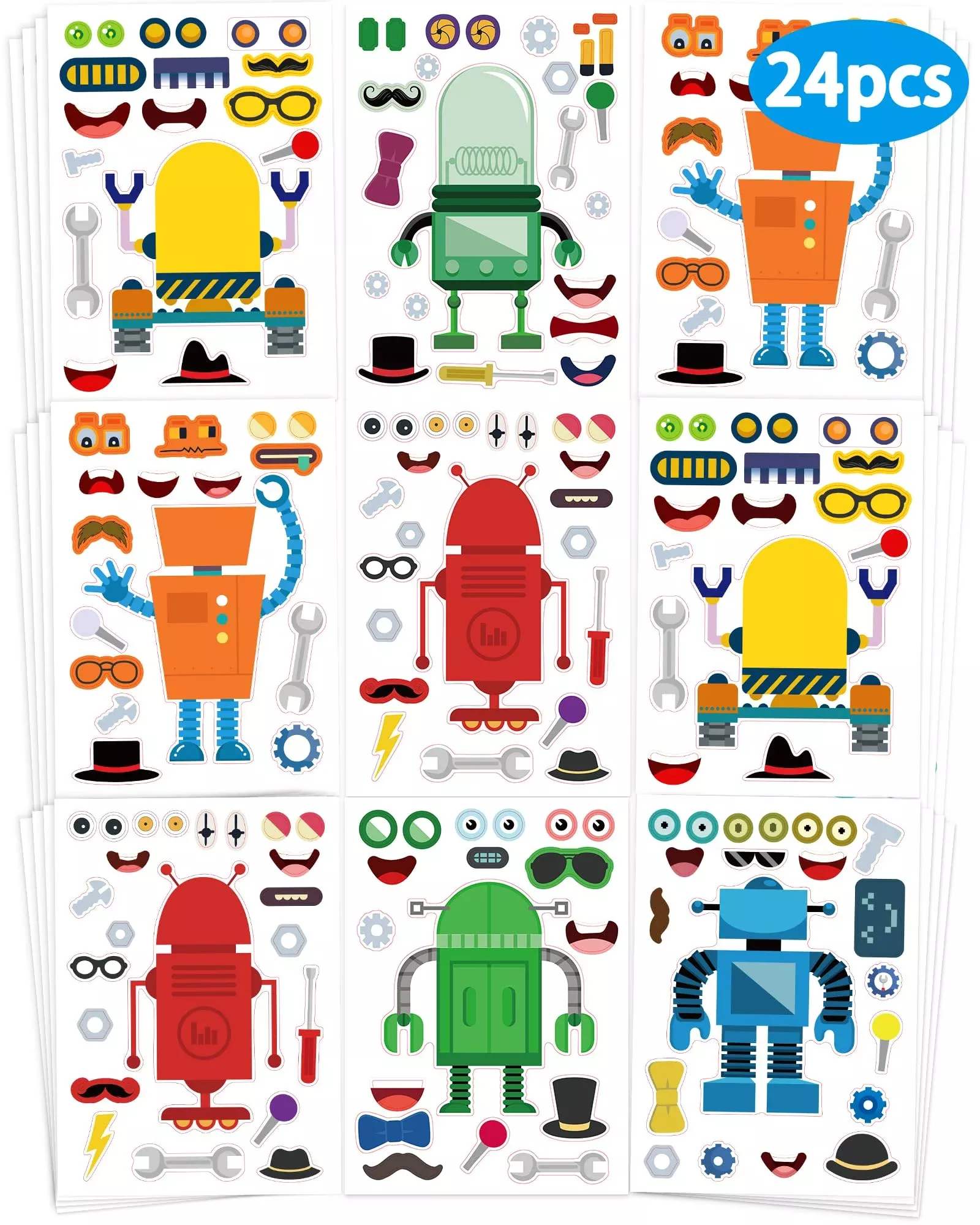 24 Pcs Make Your Own Robot Sticker Sheets For Kids, Robot Face Sticker