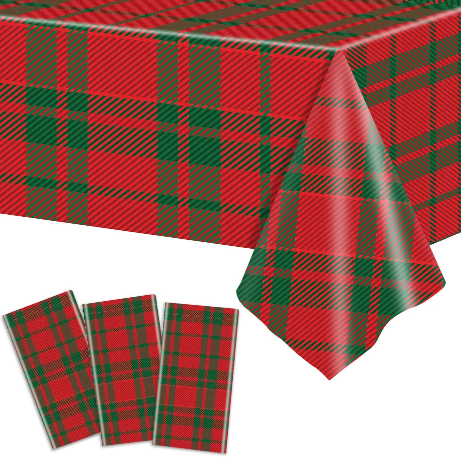 3 Pieces Christmas Tablecloth Buffalo Checkered Plaid Party Tablecover