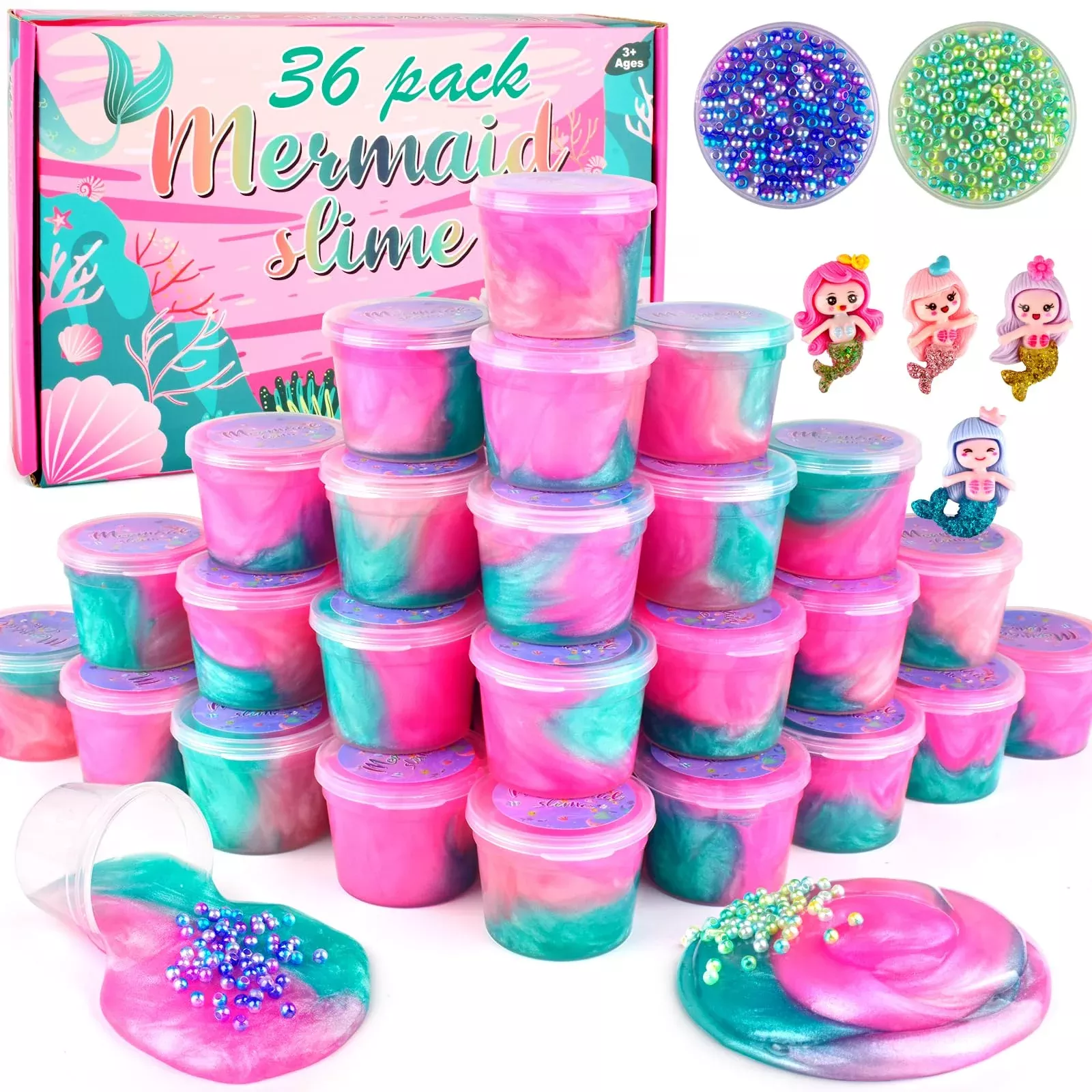 36 Pack Mermaid Slime Kit, Soft & Non-Sticky Galaxy Slime Pack, Mermai