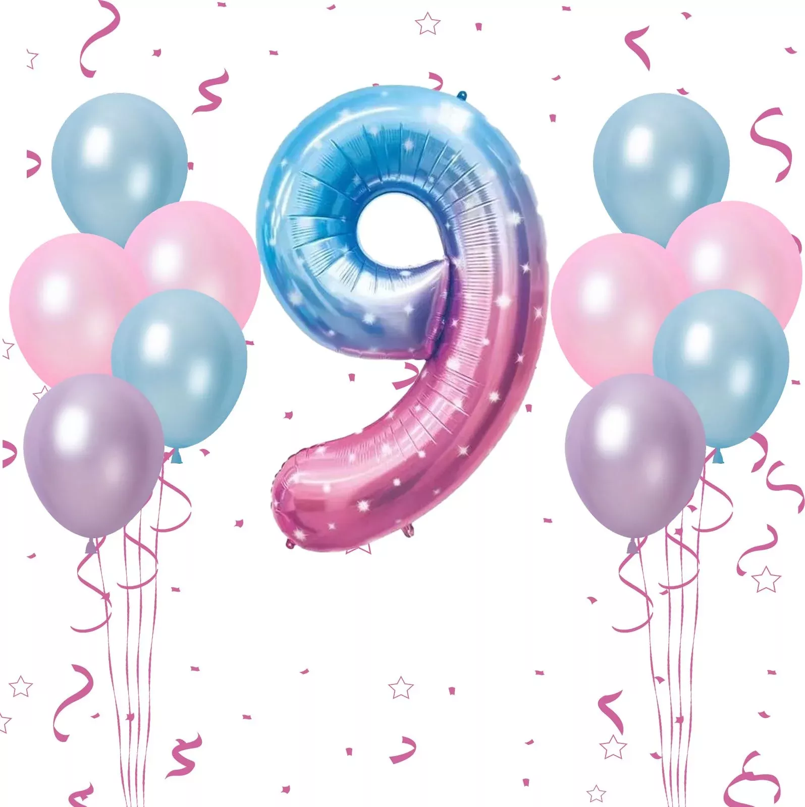 40 Inch Gradient Blue Pink Number 9 Balloon, 9Th Birthday Balloons, 11