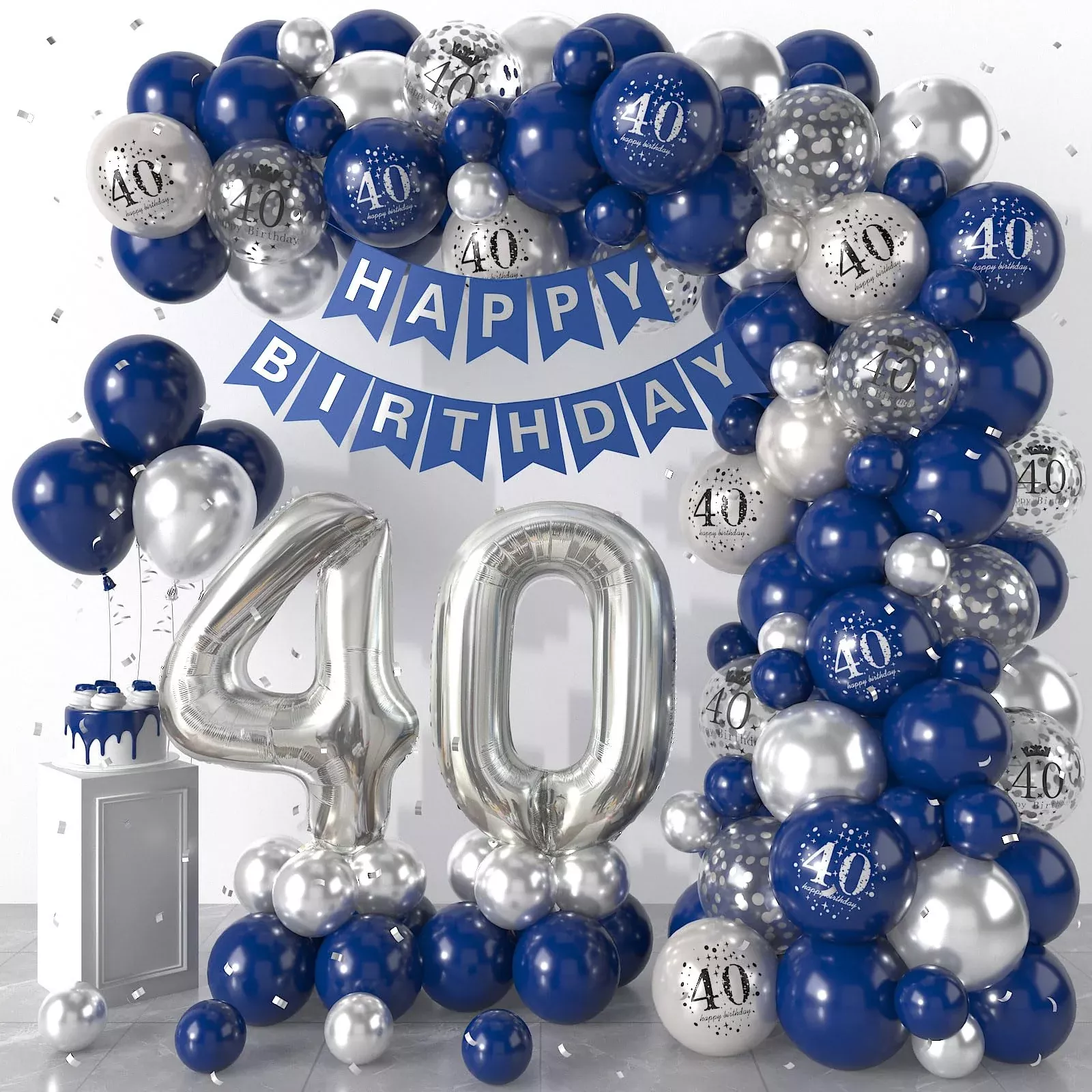 40Th Birthday Decorations Navy Blue Silver,40Th Birthday Balloon Garla