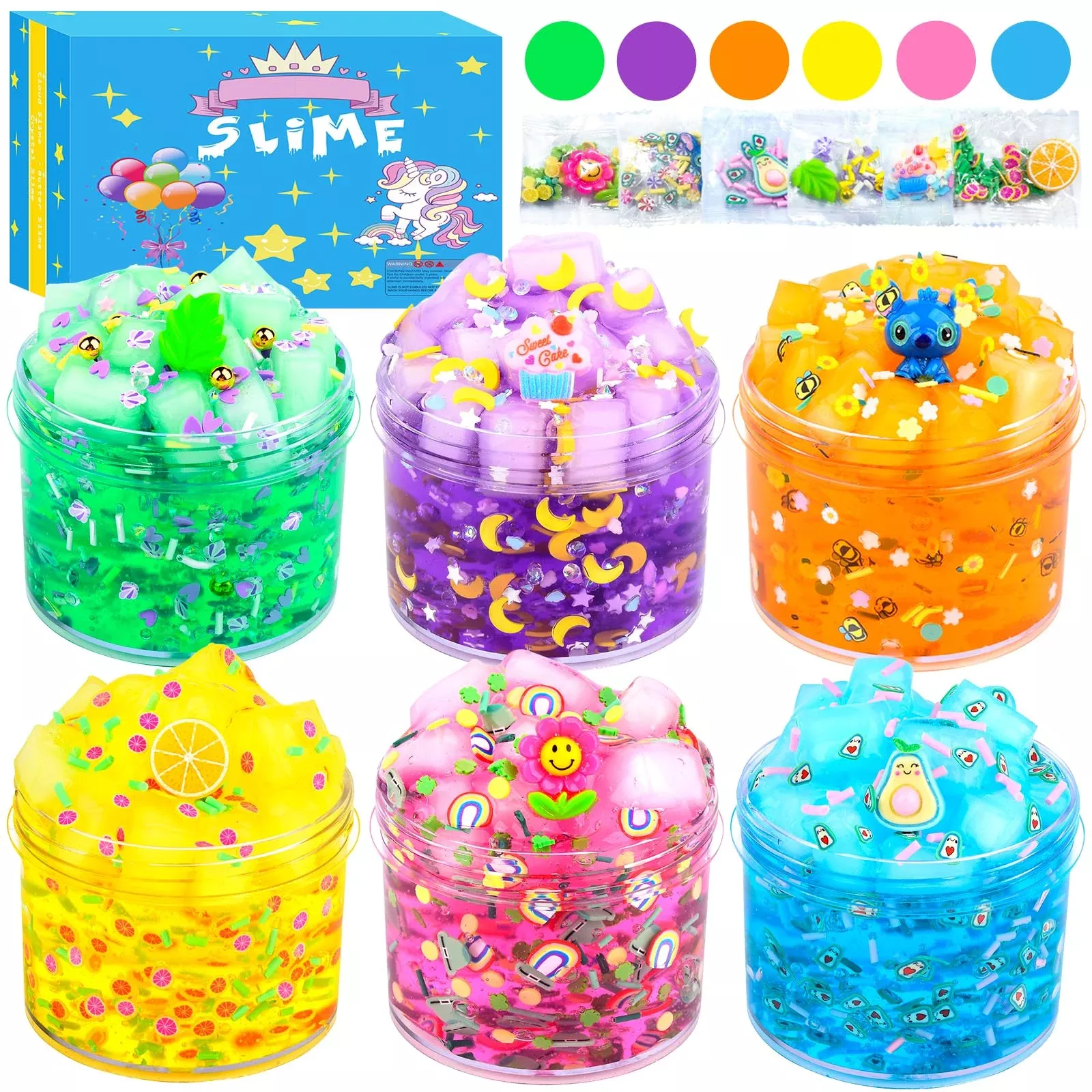 6 Pack Jelly Cube Crunchy Slime Kit, With Yellow, Pink, Purple, Green