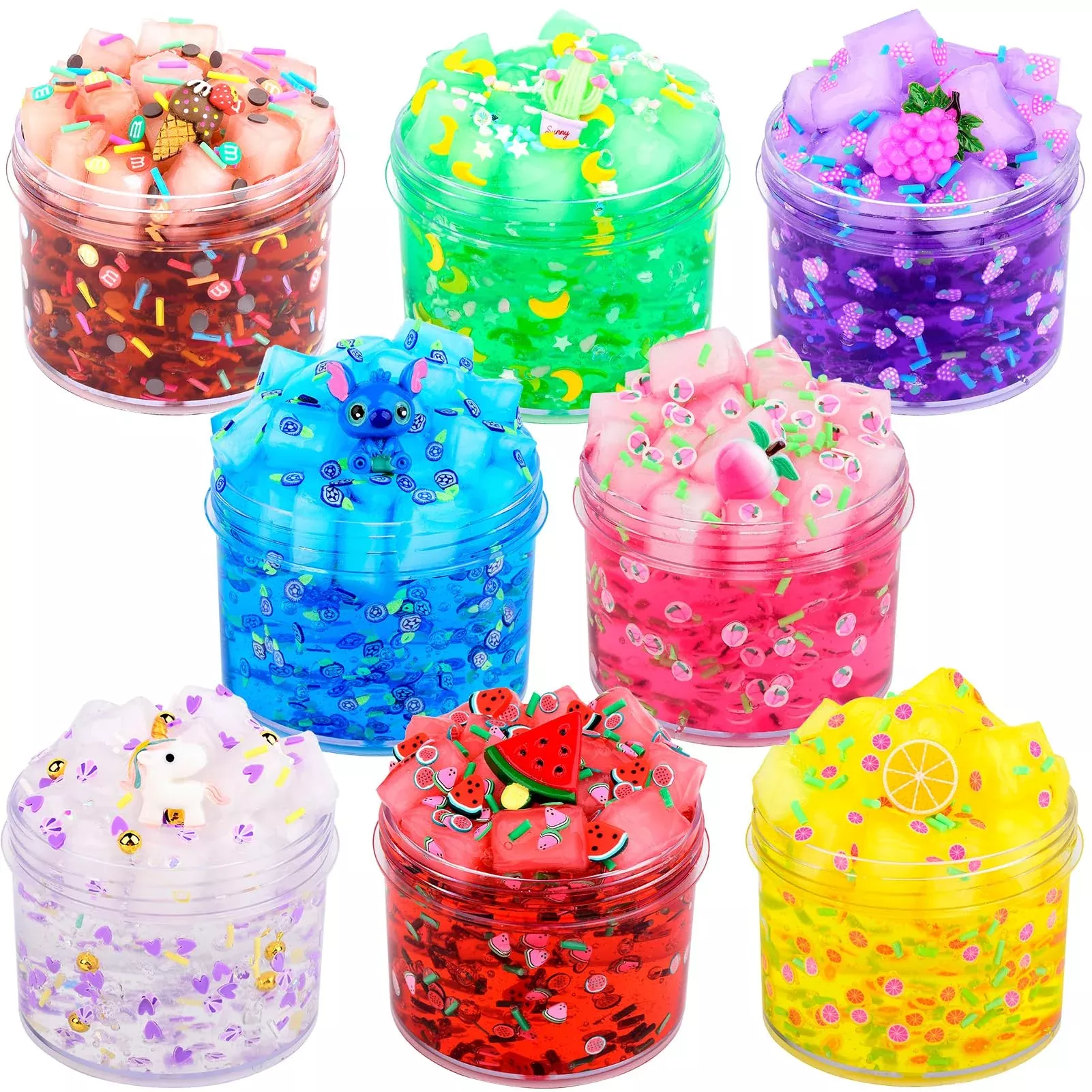 8 Pack Jelly Cube Crunchy Slime Kit, With Peach, Watermelon, Lemon,Blu
