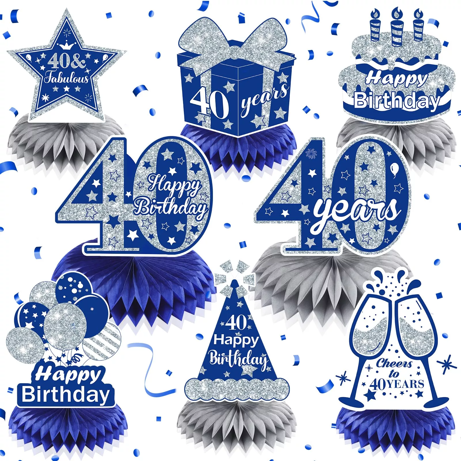 8Pcs Blue 40Th Birthday Decorations Navy Blue Silver Happy 40Th Birthd
