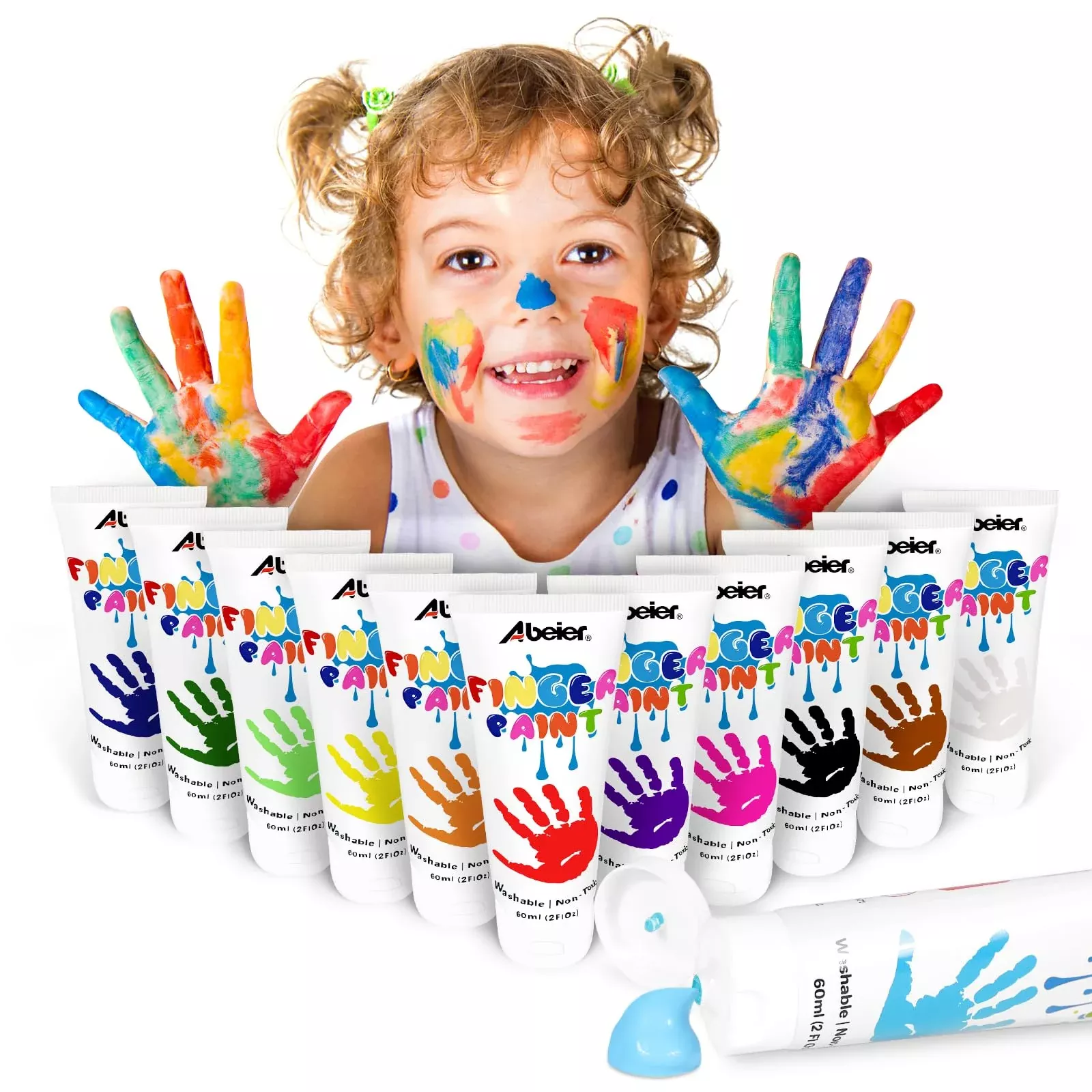 ABEIER Safe Finger Paints Set, Washable, Assorted Colors, 12 Pack