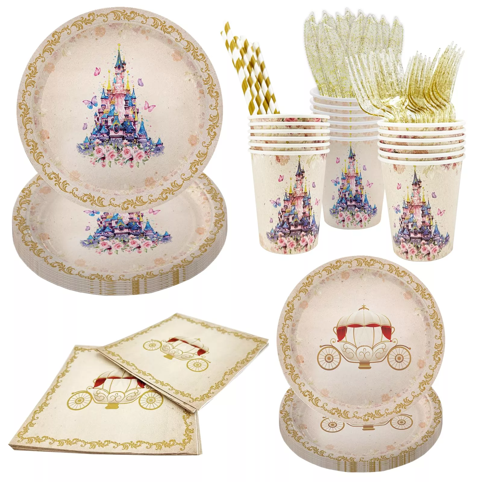 AIBIIN Princess Birthday Party Tableware Set, Serves 16, Pink Purple