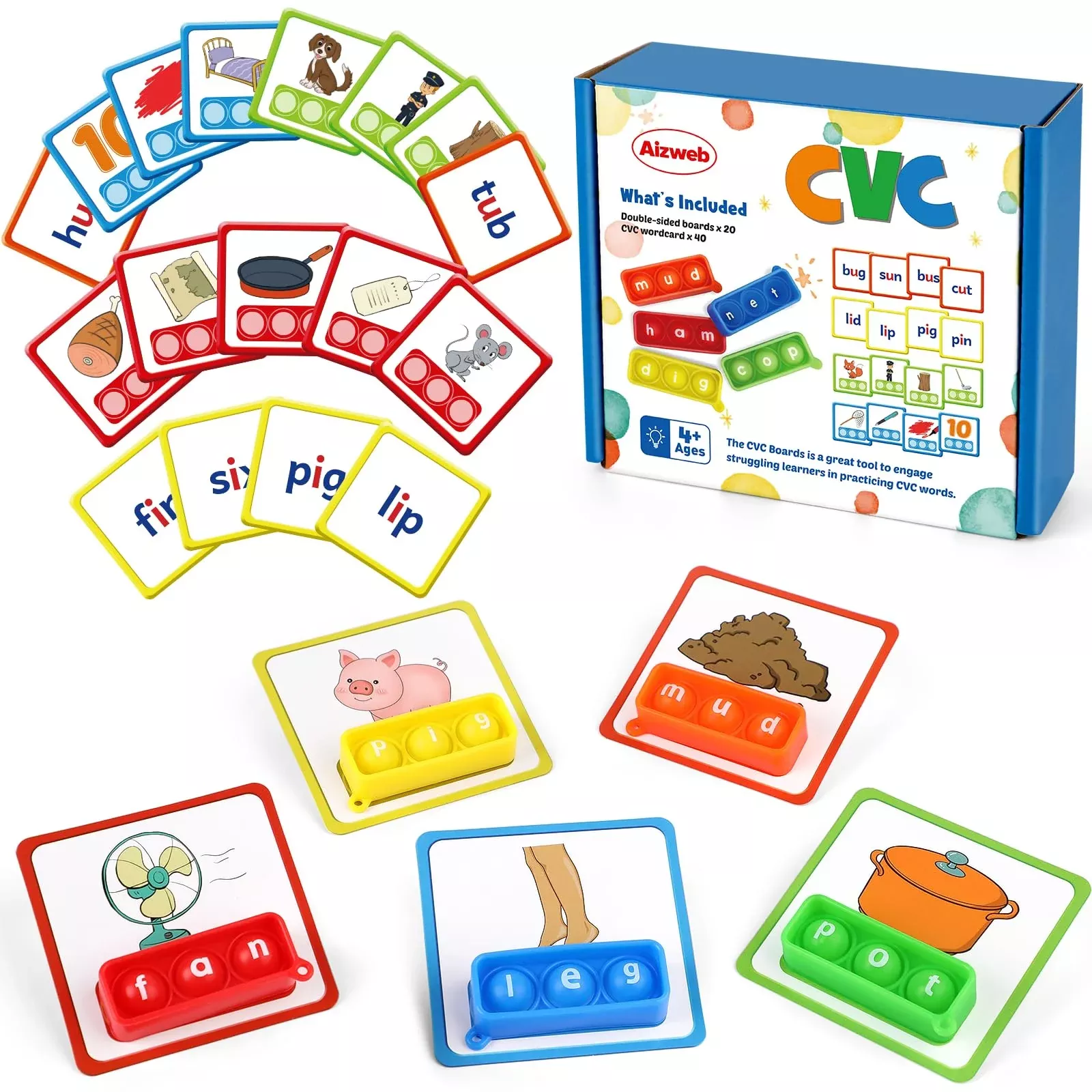 Aizweb CVC Word Game - Phonics Flash Cards for Preschool, Medium Size,
