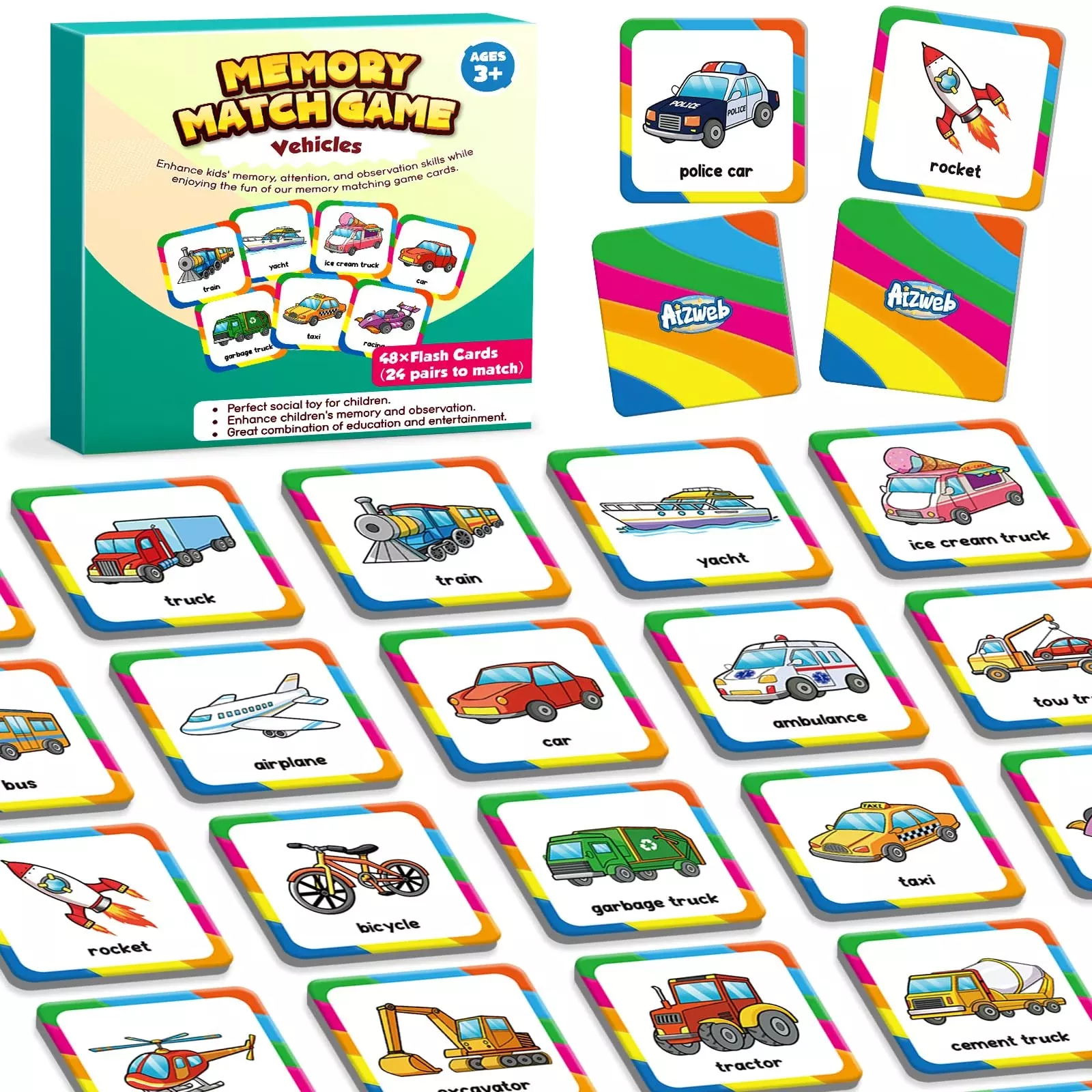 Aizweb Memory Match Game for Kids, Colorful, 48 Cards, Medium Size