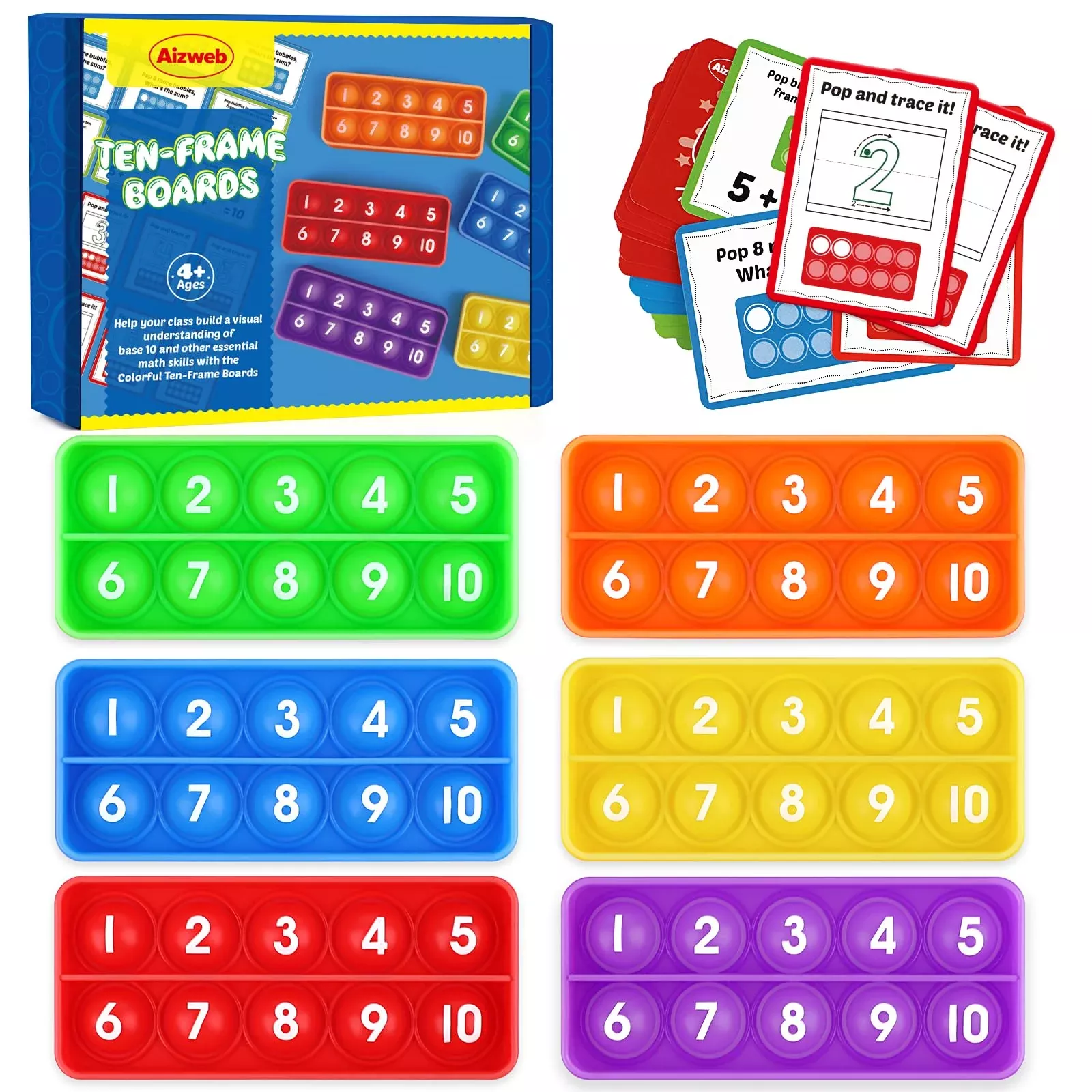 Aizweb Ten-Frame Learning Tool Set for Math Skills, 6 Colors, 10