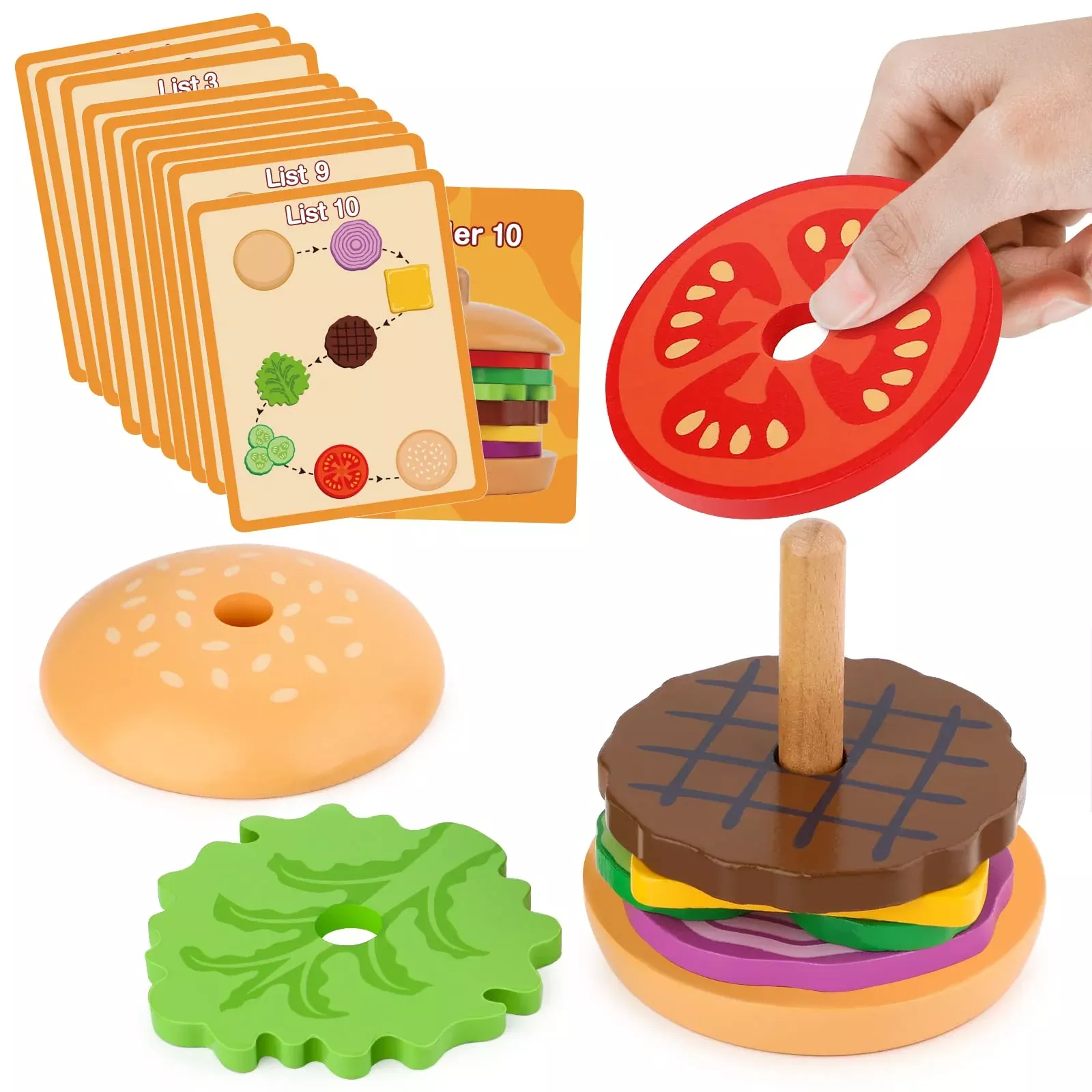 Aizweb Wooden Stacking Burger Toy for Toddlers, Multicolor, Medium