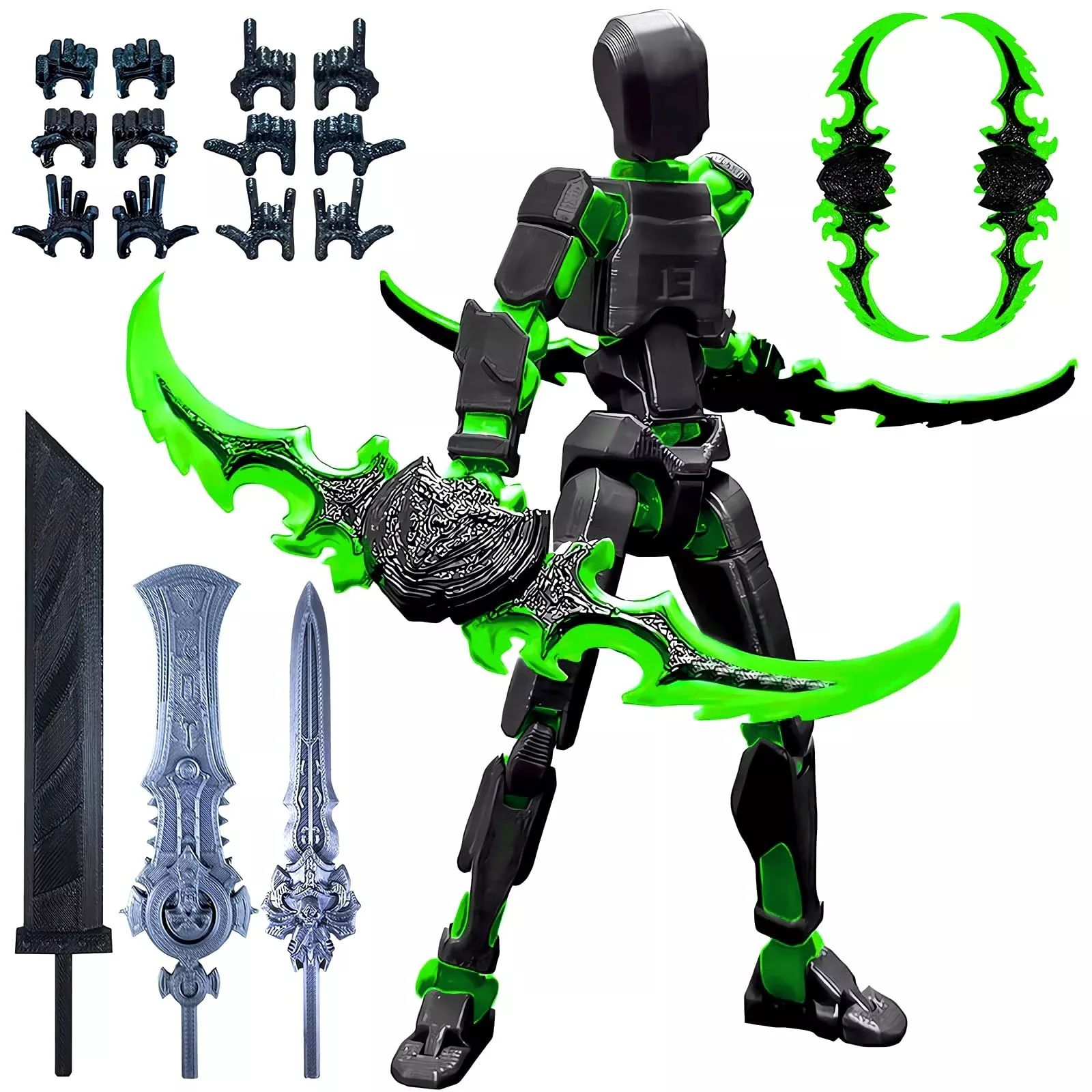 altuco Titan 13 Action Figure - Black-Green Multi-Jointed 3D Printed T