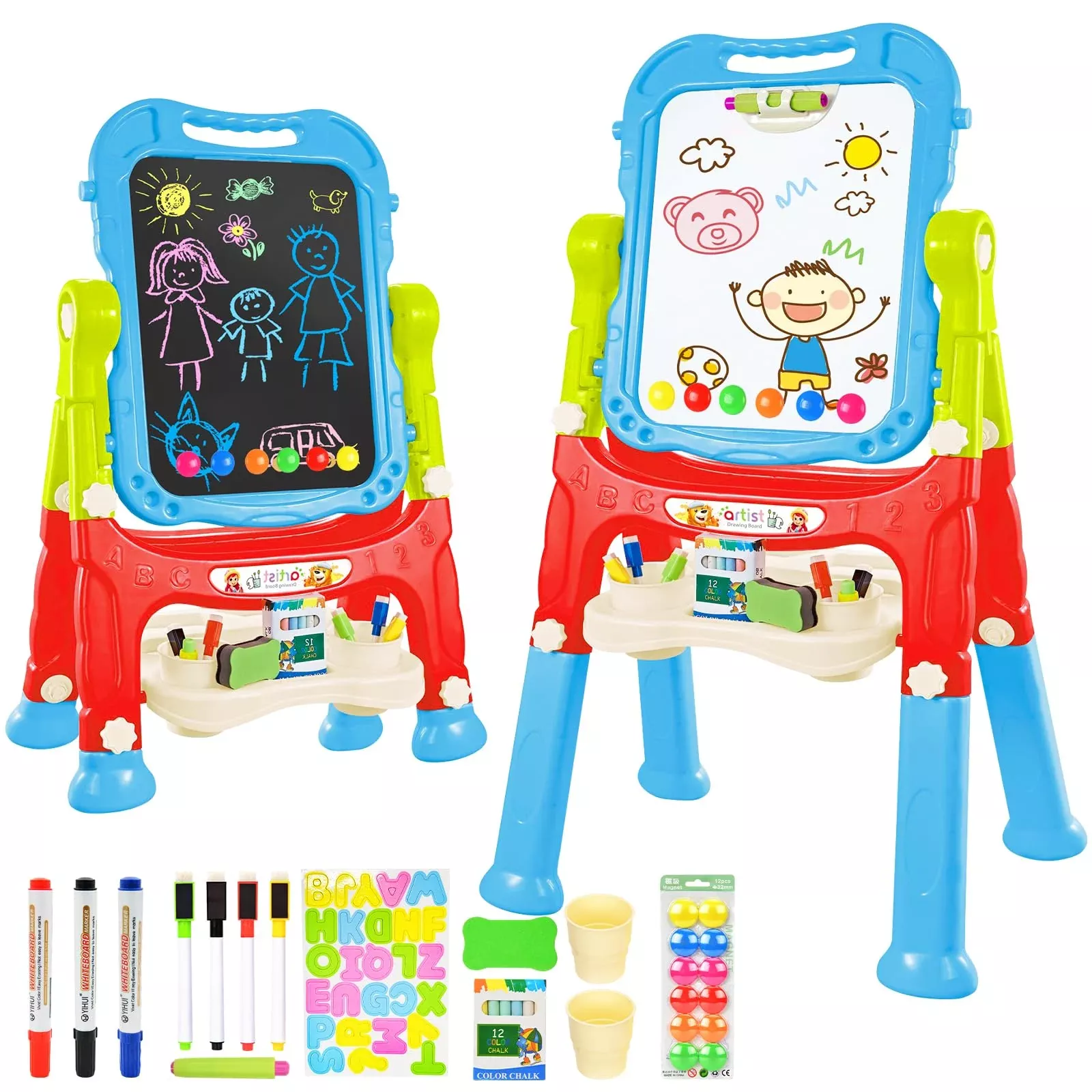 Amagoing Blue Double-Sided Magnetic Art Easel for Toddlers, 17"x