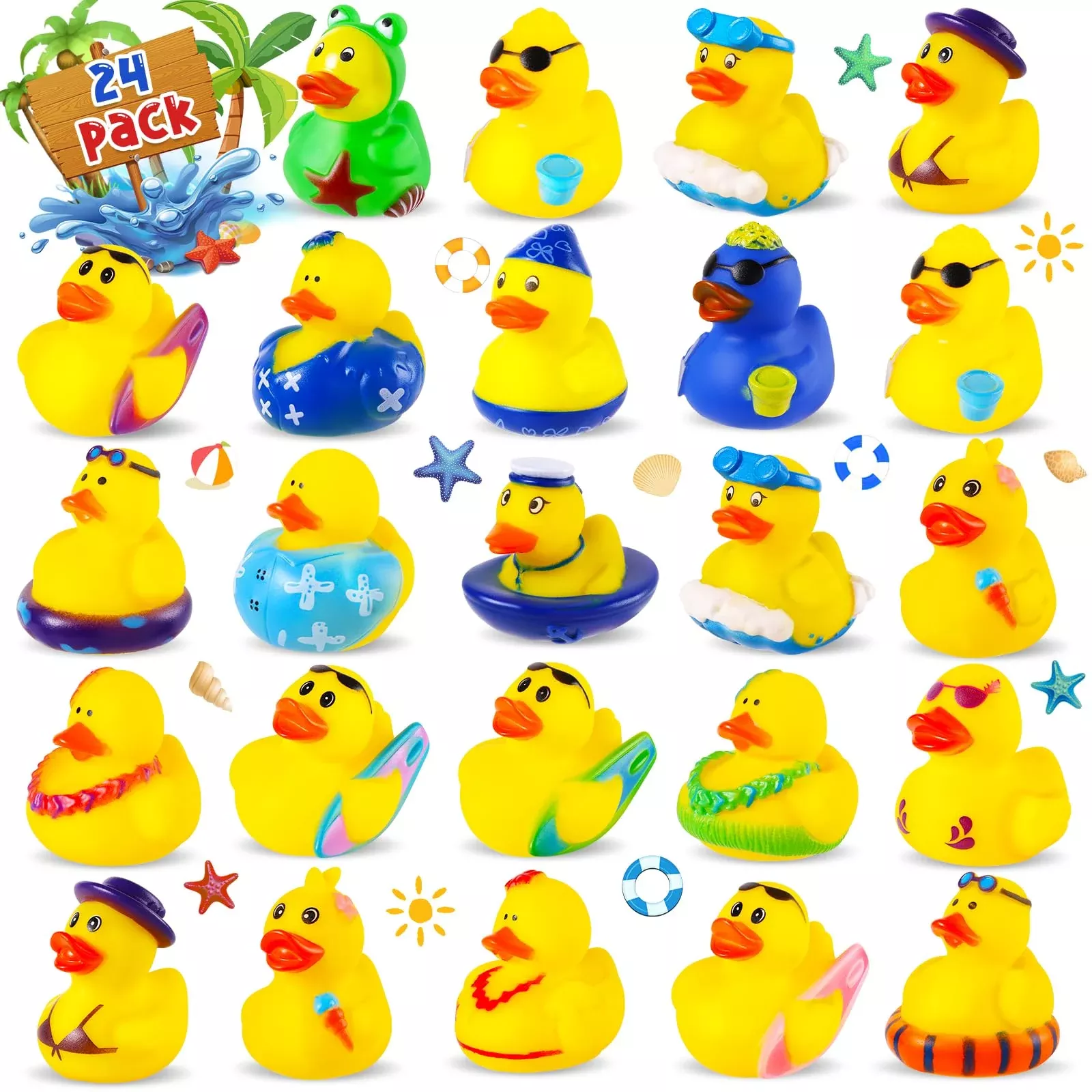 ANGGIKO Summer Rubber Ducks for Beach Parties, 24-Pack, Assorted Colors