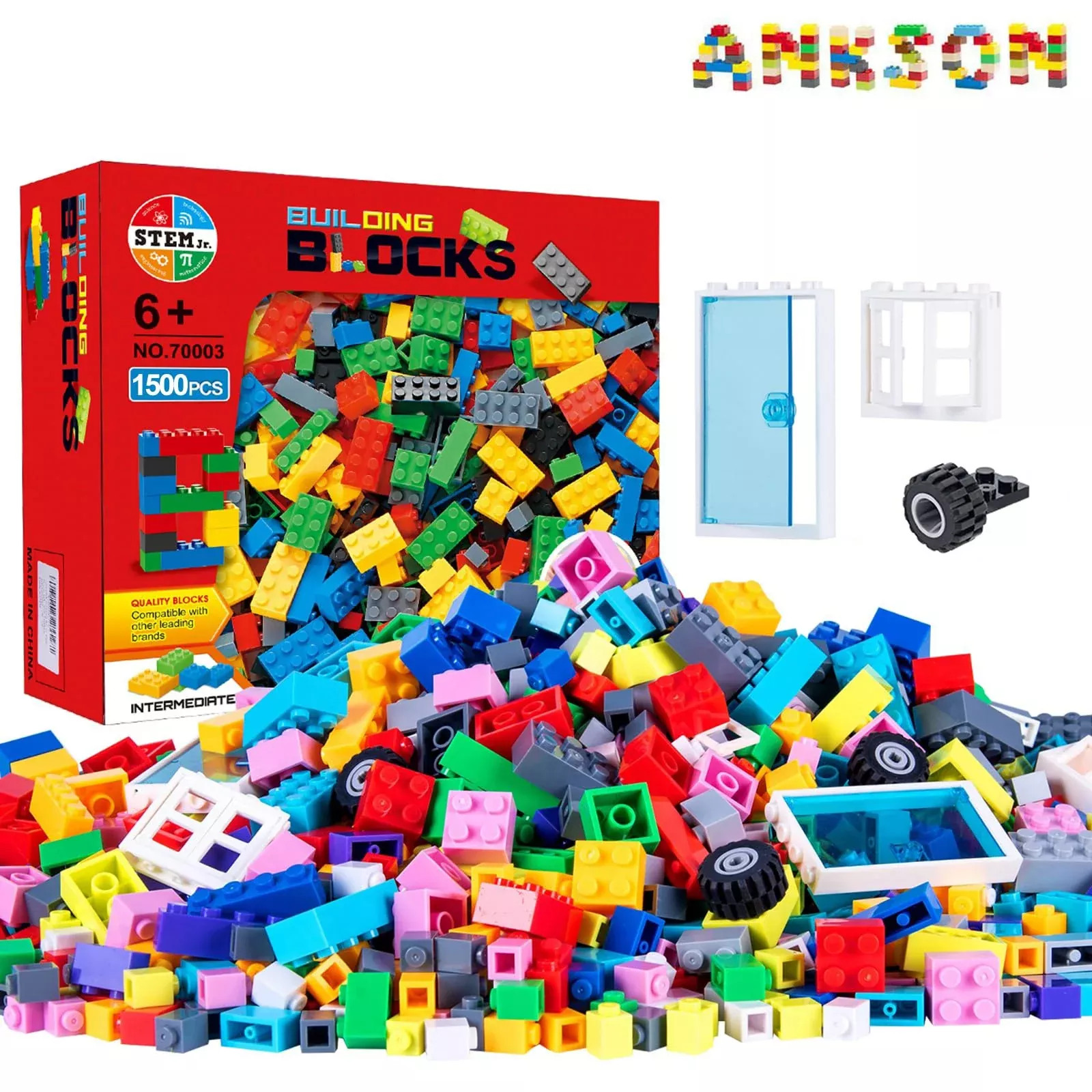 Anksono 1500 Pieces Building Bricks For Kids With Doors,Windows,Wheels