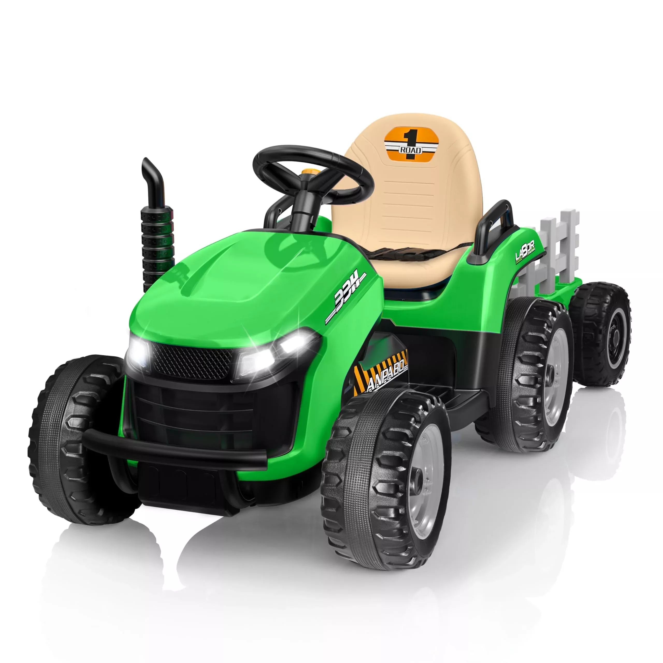 ANPABO 24V Ride On Tractor for Kids, Green, Large, with Trailer