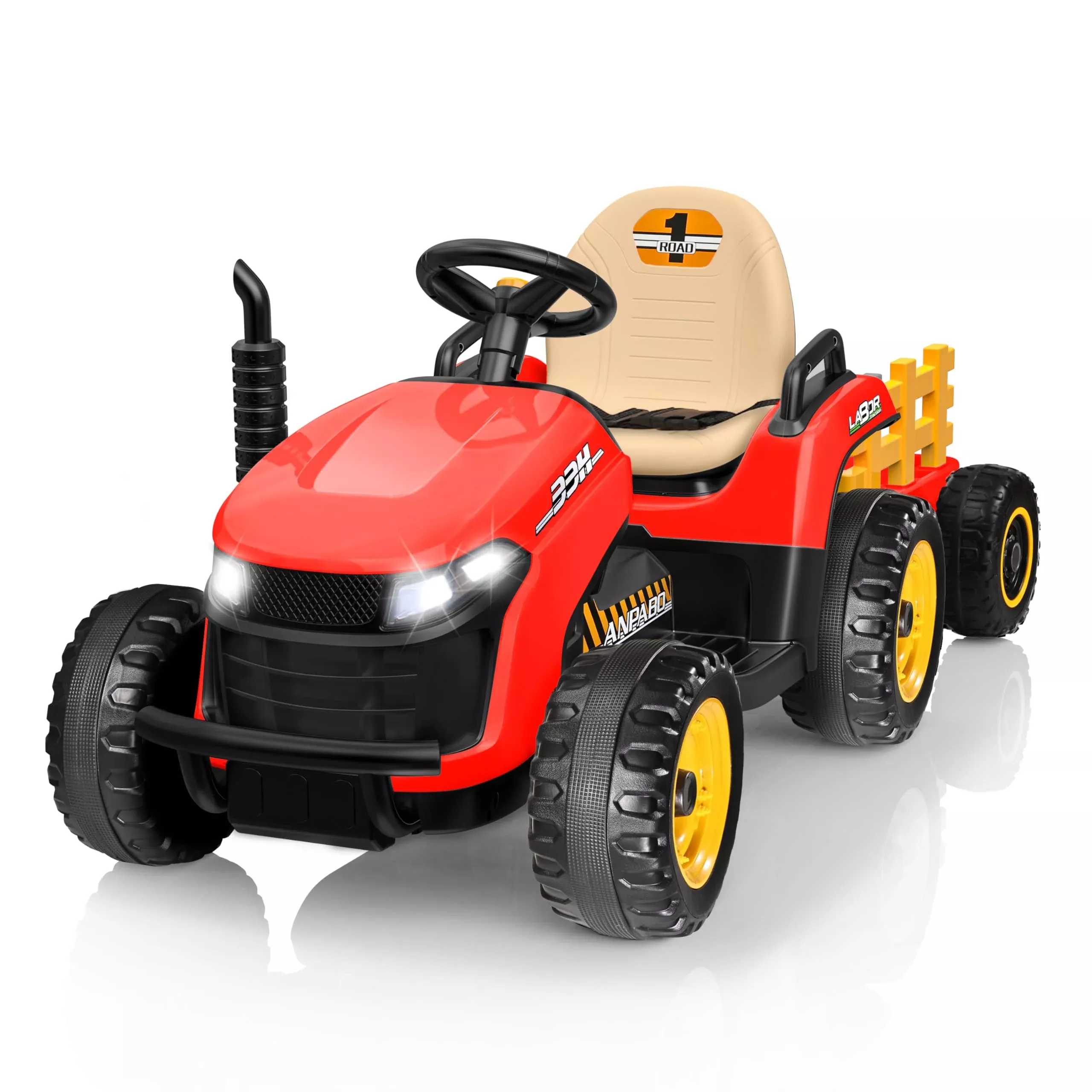 ANPABO 24V Ride On Tractor Red with Detachable Trailer and Remote Control