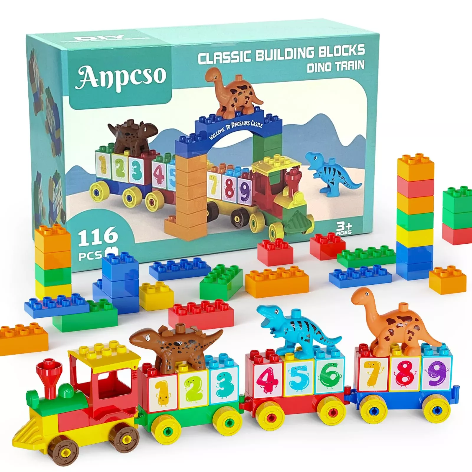 Anpcso Large Dino Train Building Blocks Set - Mixed Color, 30 Pieces