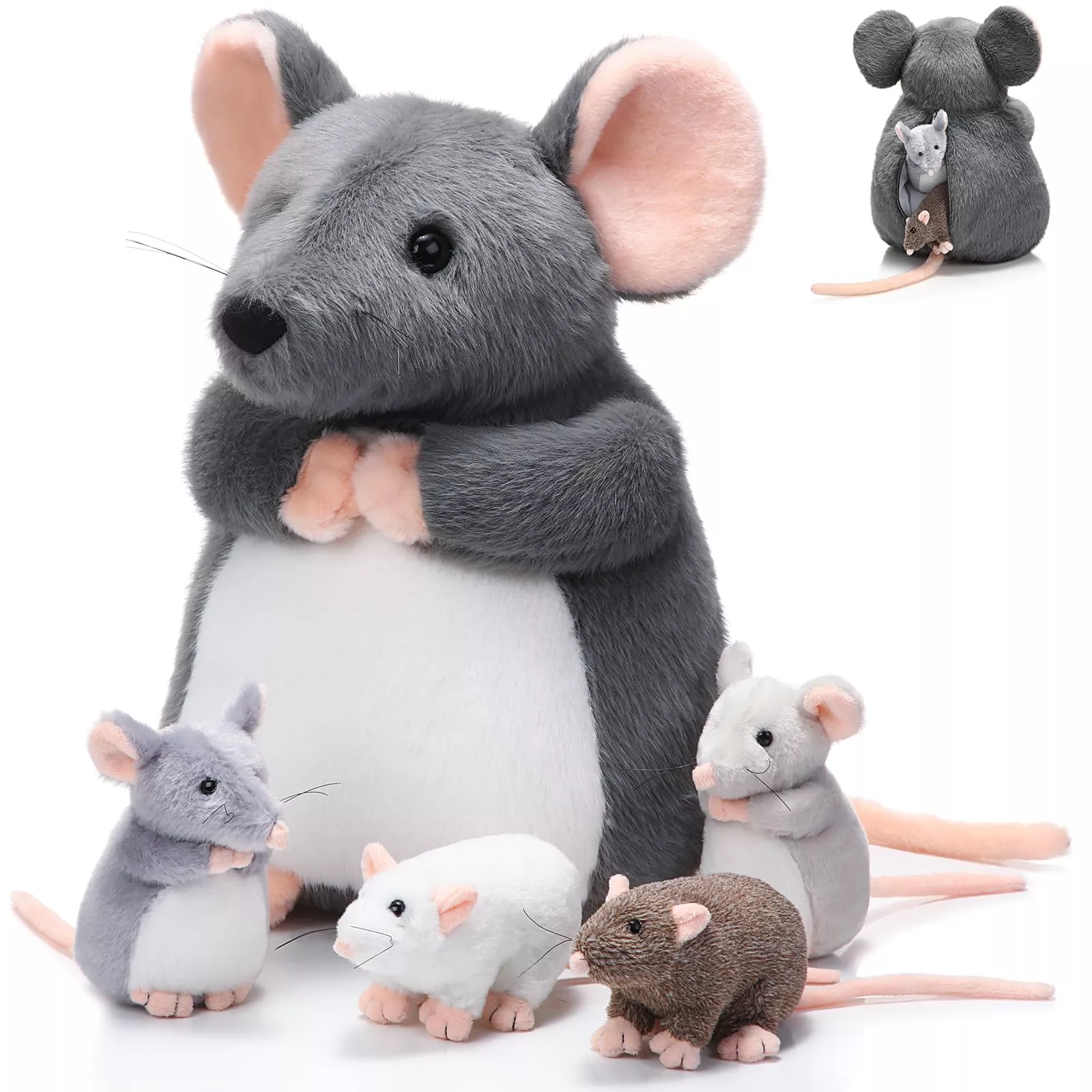 Arrowbash Plush Mouse Stuffed Animal Set, 14'' Mommy Rat with 4 Babies
