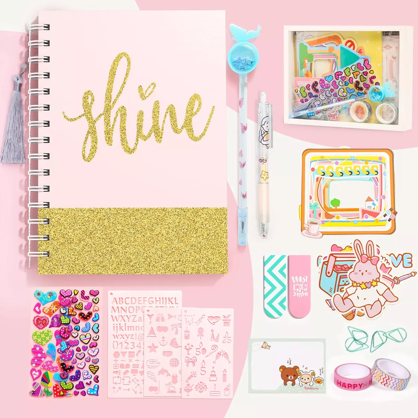 Arulis Journal Set for Girls, 70 Pages, Pink, Mini Scrapbook Kit
