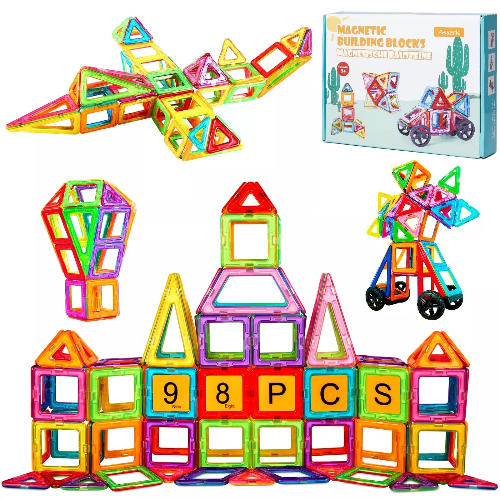 Assark Magnetic Building Tiles Set, 98 Pieces, Blue, STEM Learning Toy