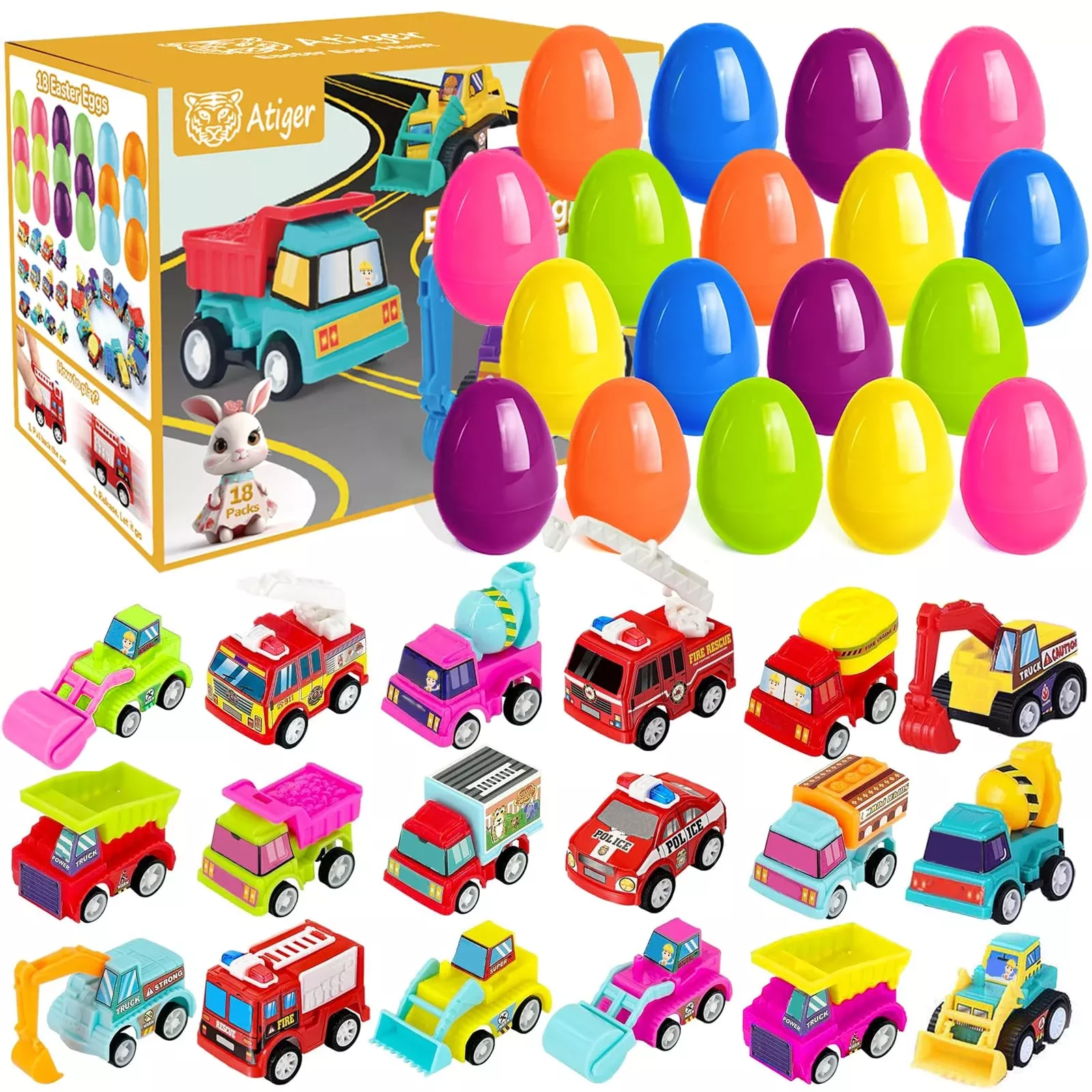Atiger Easter Egg Fillers with Toys - 18 Pack Pull Back Vehicles
