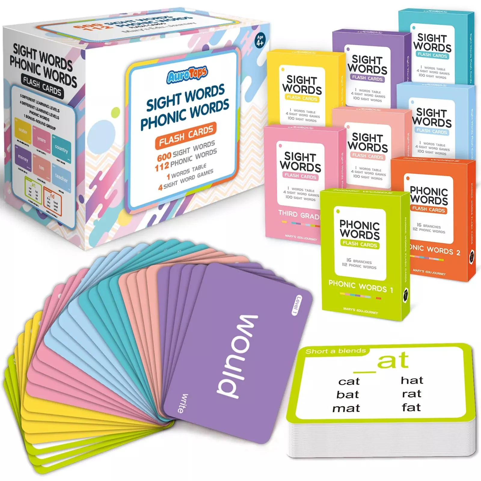 AuroTops Sight Words & Phonics Flash Cards for Kids, Medium Size