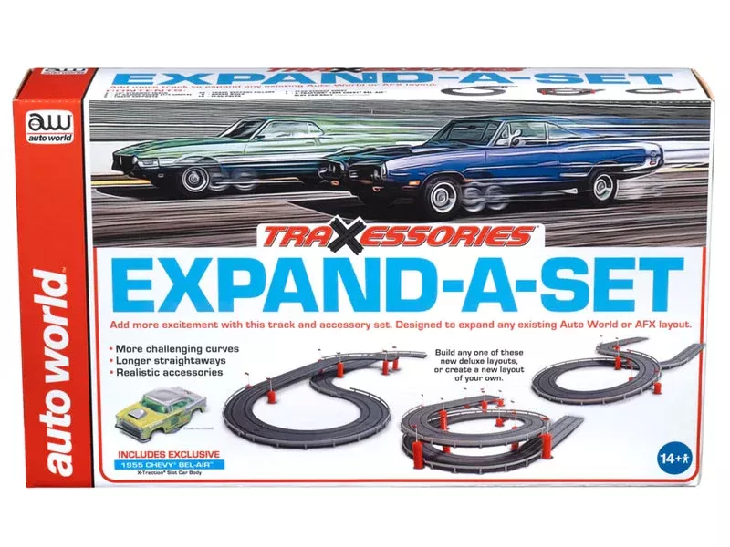 Auto World TRX112 HO Scale 7′ Track & Accessory Expand-A-Set with XT 1955 Chevy Bel Air Gasser