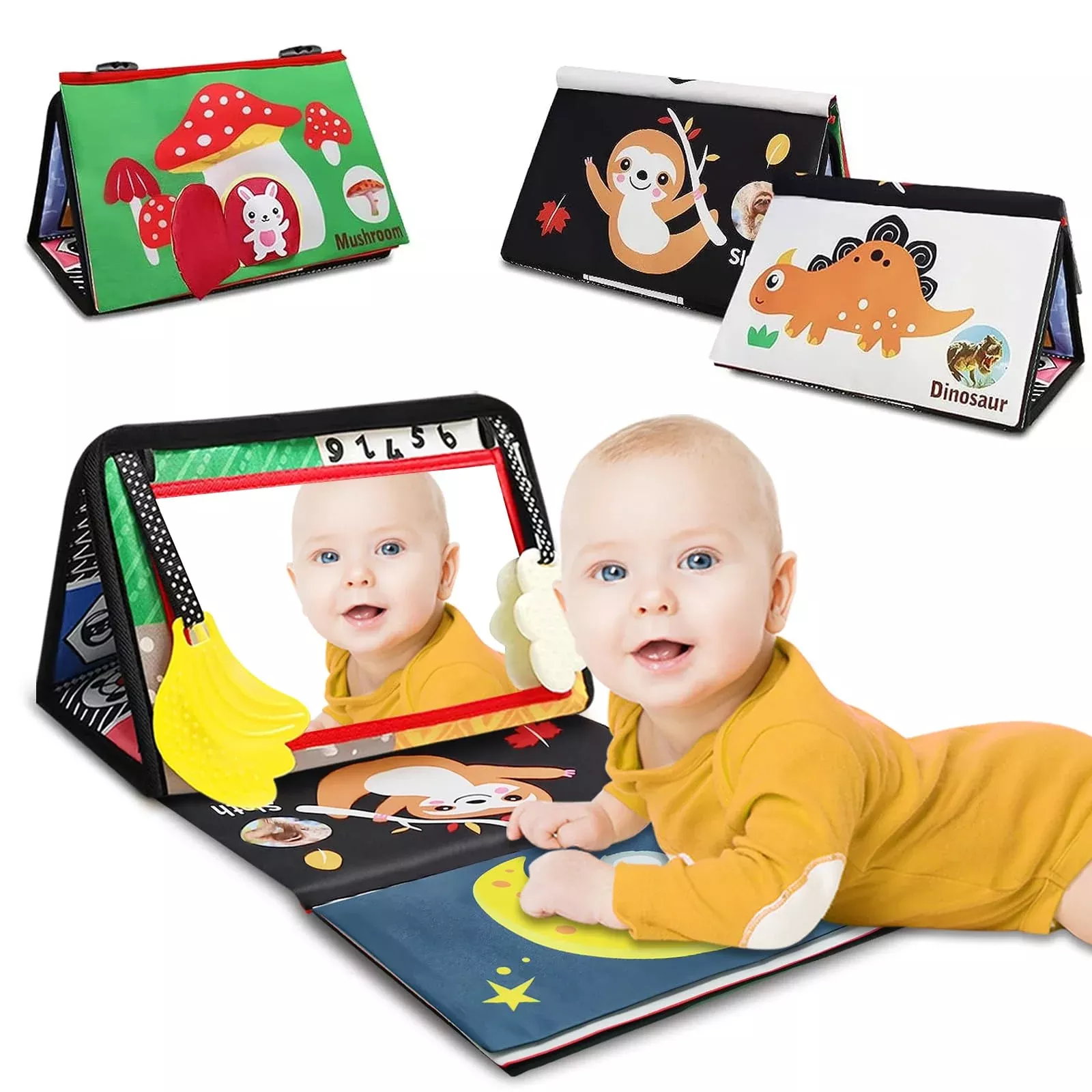 Baby Mirror Tummy Time Toys, Infant Safe Baby Play Mat With Teether Fo