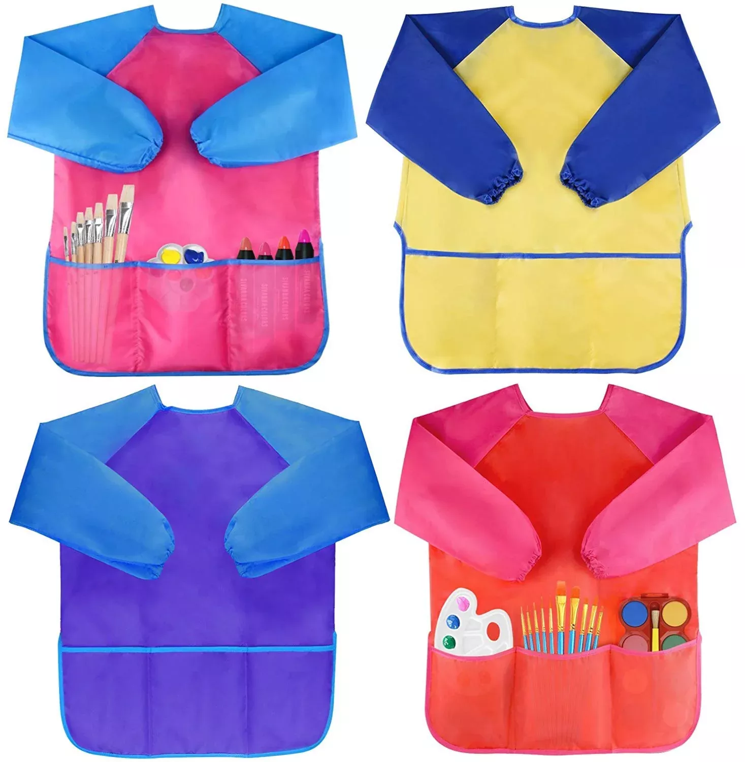 Bassion Waterproof Kids Painting Smocks Set of 4, Multicolor, Large