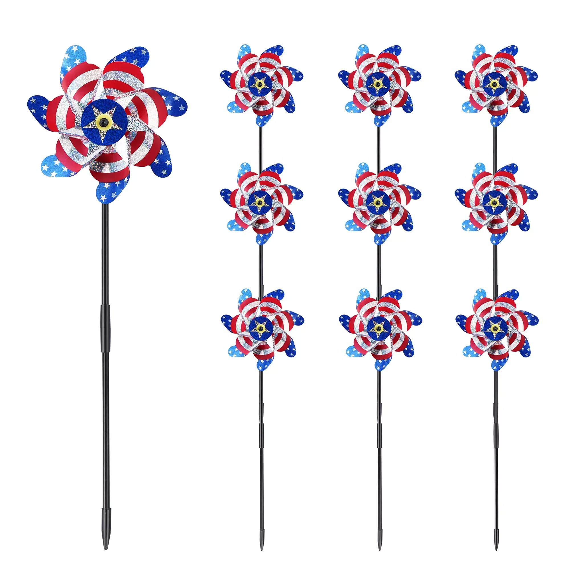Battife 10 Packs Patriotic Sparkly Reflective Pinwheels For Yard And G