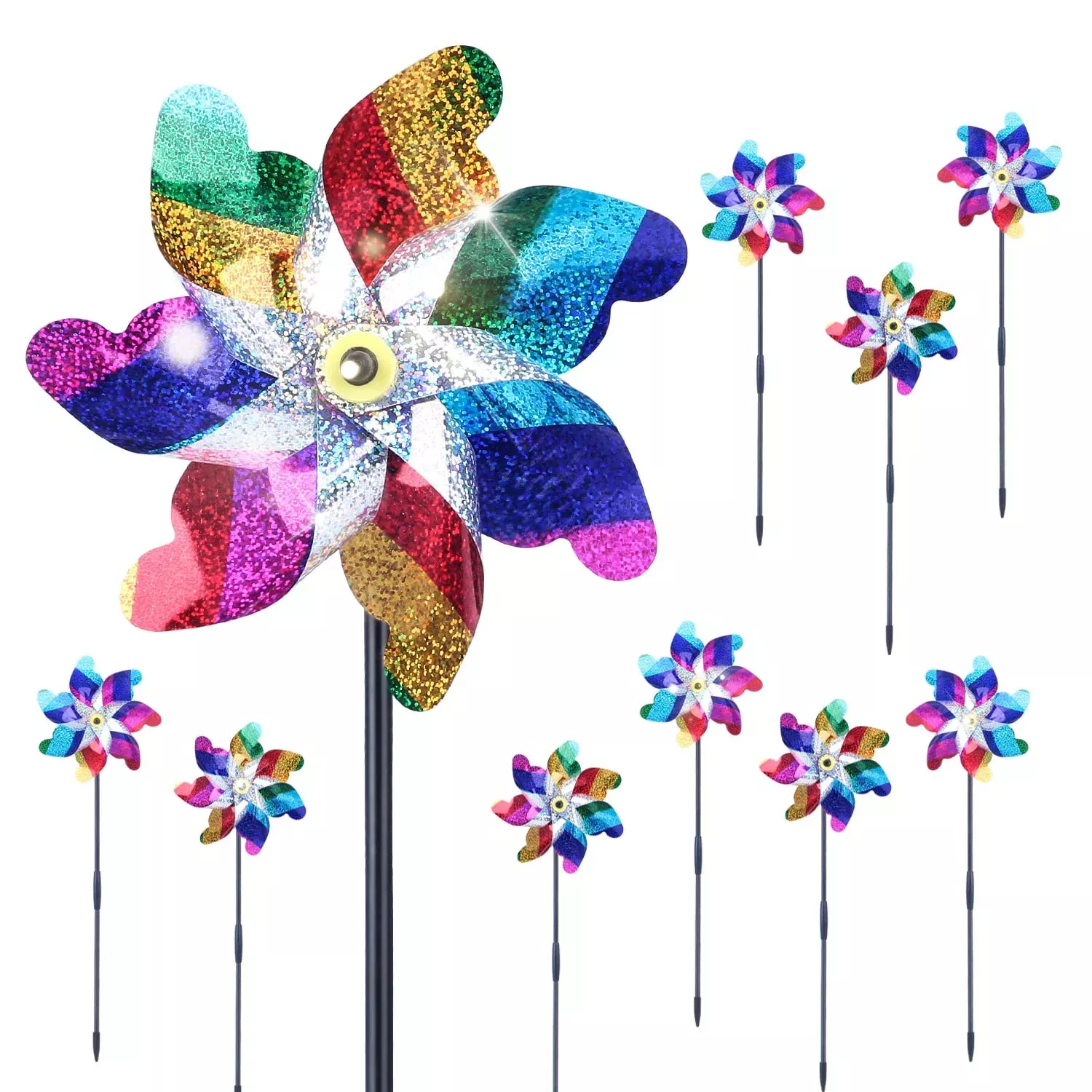 BATTIFE Reflective Pinwheels 10 Pack Colorful 7" Bird Scare