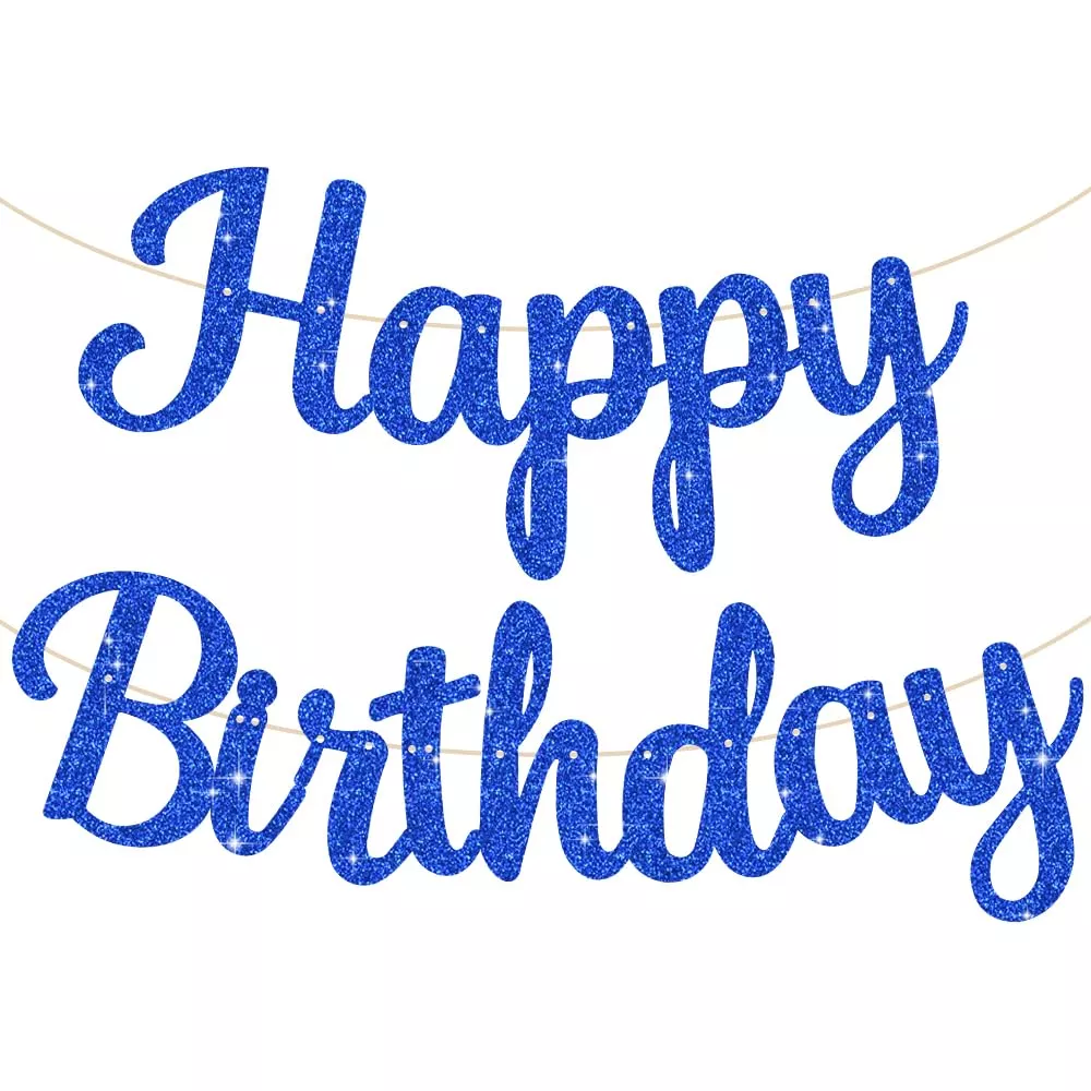 BEISHIDA Blue Glitter Happy Birthday Banner - Pre-Strung, Reusable