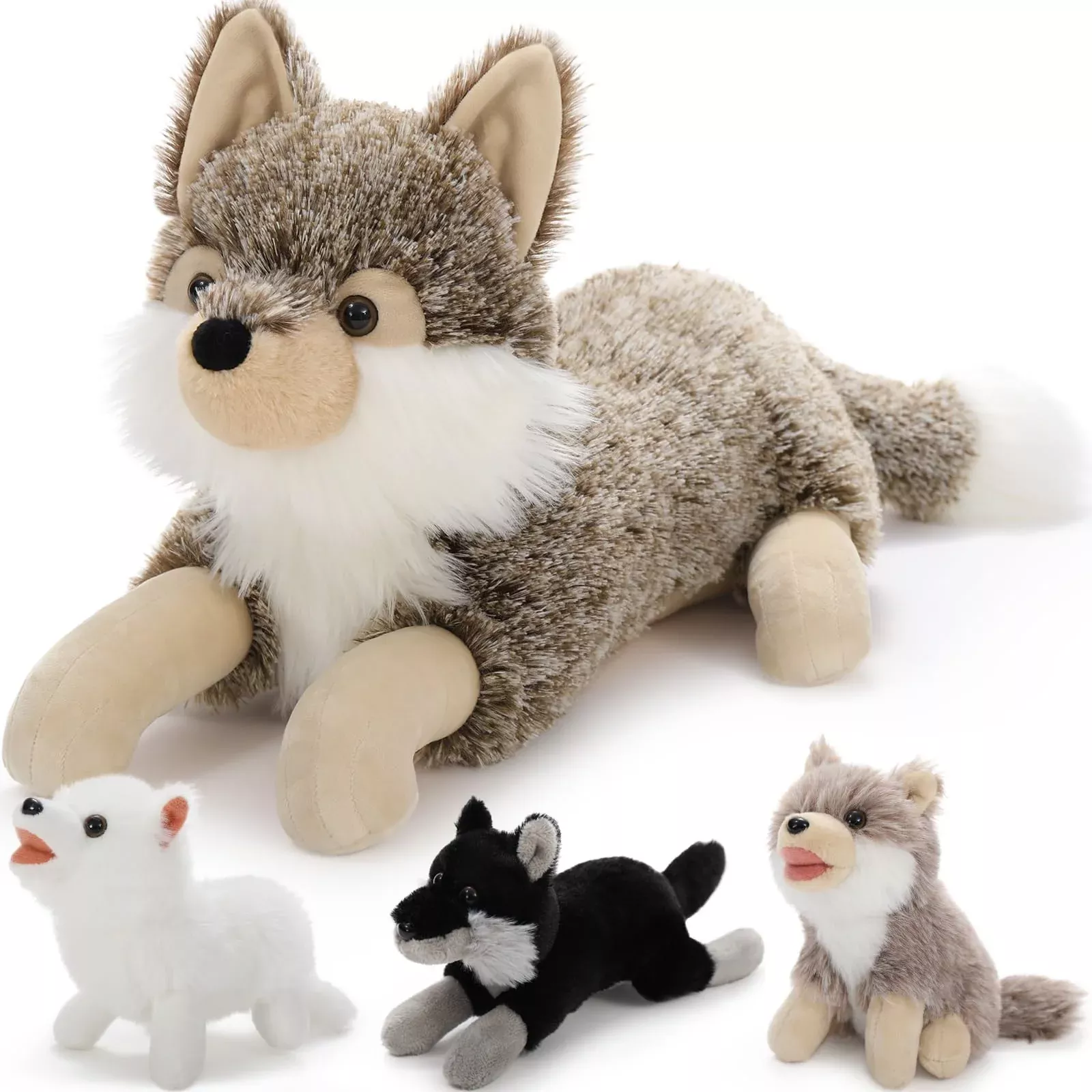 Beniny 4Pcs Wolf Stuffed Animals Set, Grey Mommy Wolf Plush 20 Inch Wi