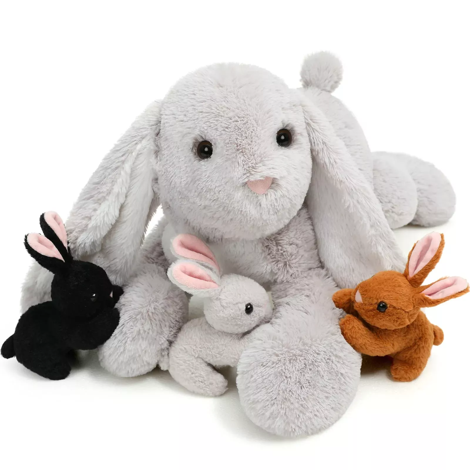 BENINY Bunny Stuffed Animal Set - Large Gray Plush Rabbit with 3 Small