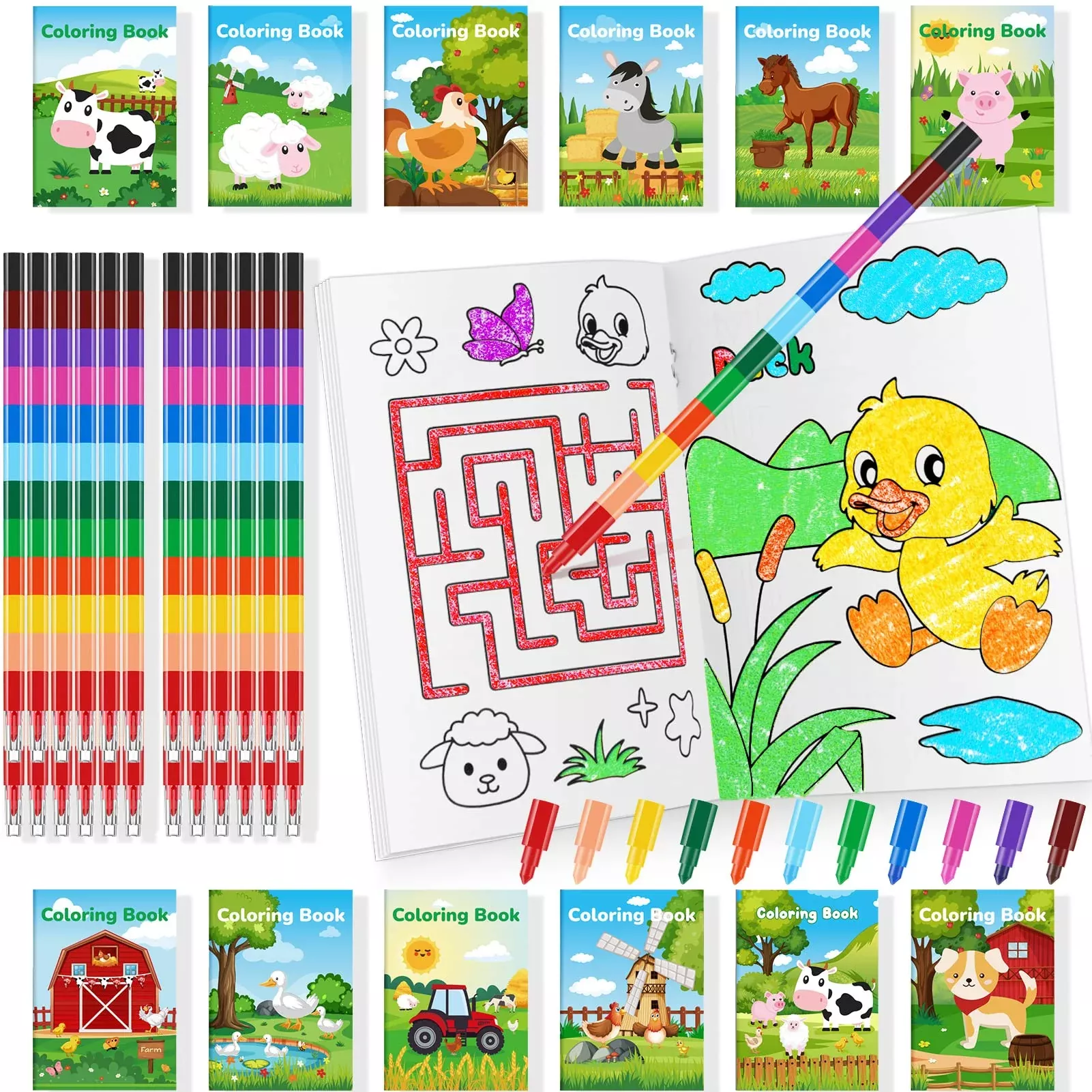 BenLouis Mini Coloring Books for Kids, 24 Pack, Farm Theme, 6.7