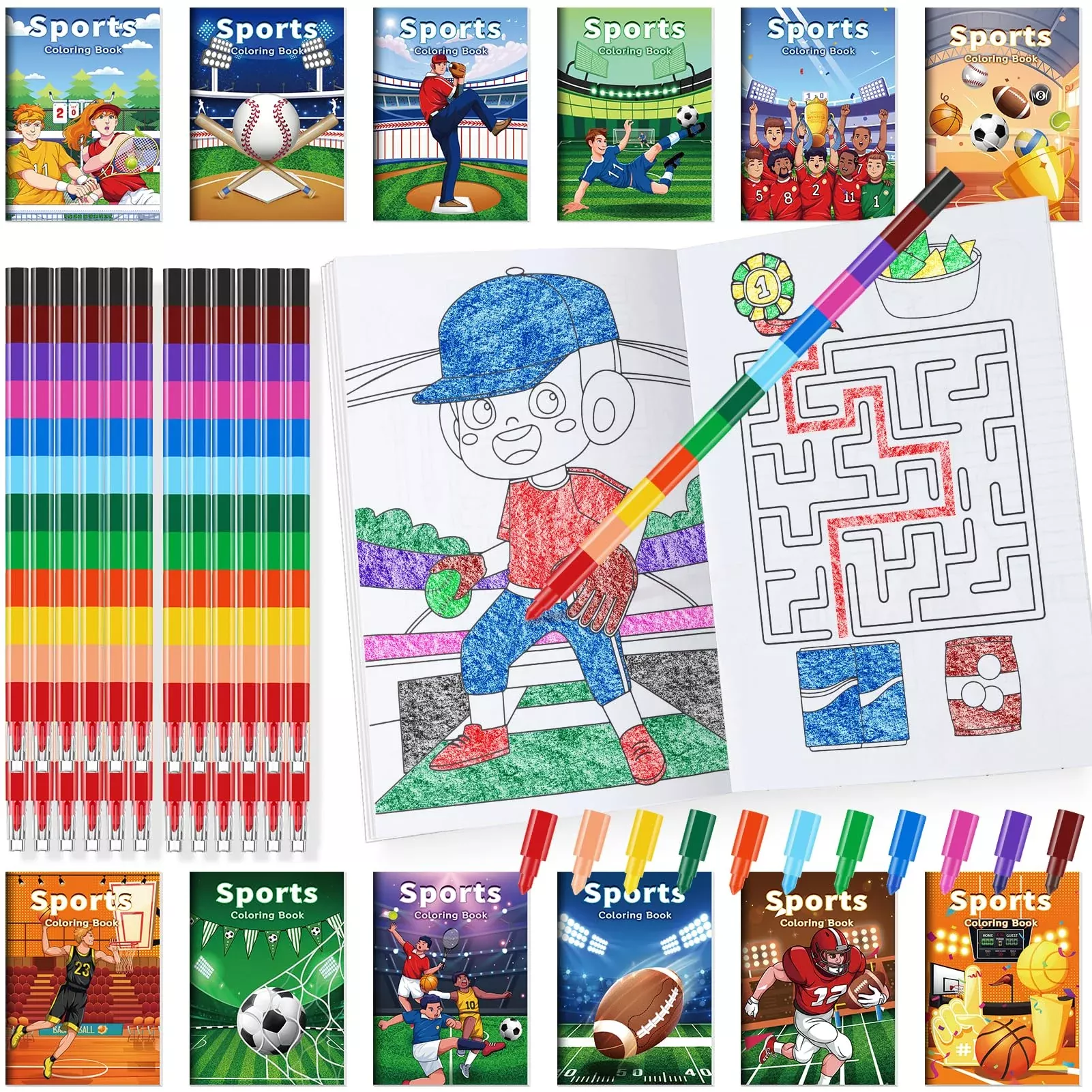 BenLouis Mini Sports Coloring Books with Crayons, 24 Pack, Multicolor