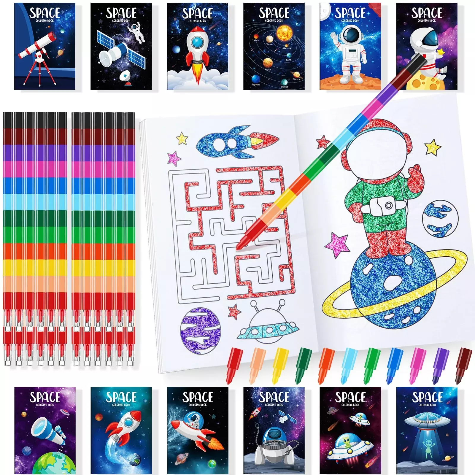 BenLouis Outer Space Coloring Books with Crayons, 24 Pieces, 6.7