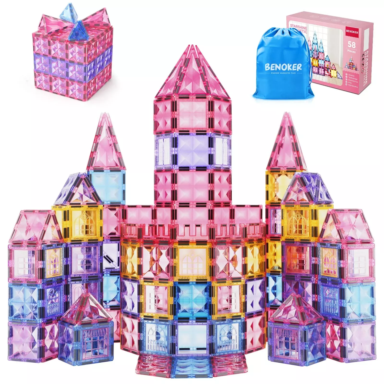 BENOKER Magnetic Building Tiles Set, 58 PCS, Pink, STEM Learning Toys