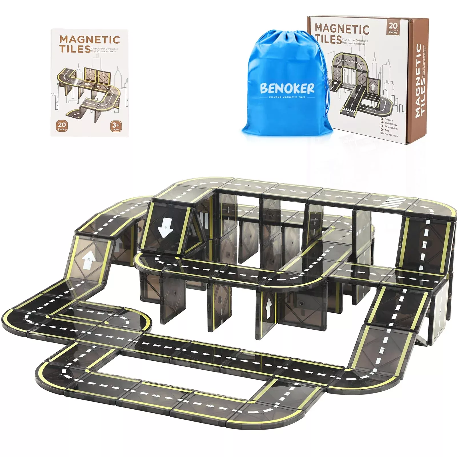 BENOKER Magnetic Tile Road Building Set, Black, 1.77 x 6 x