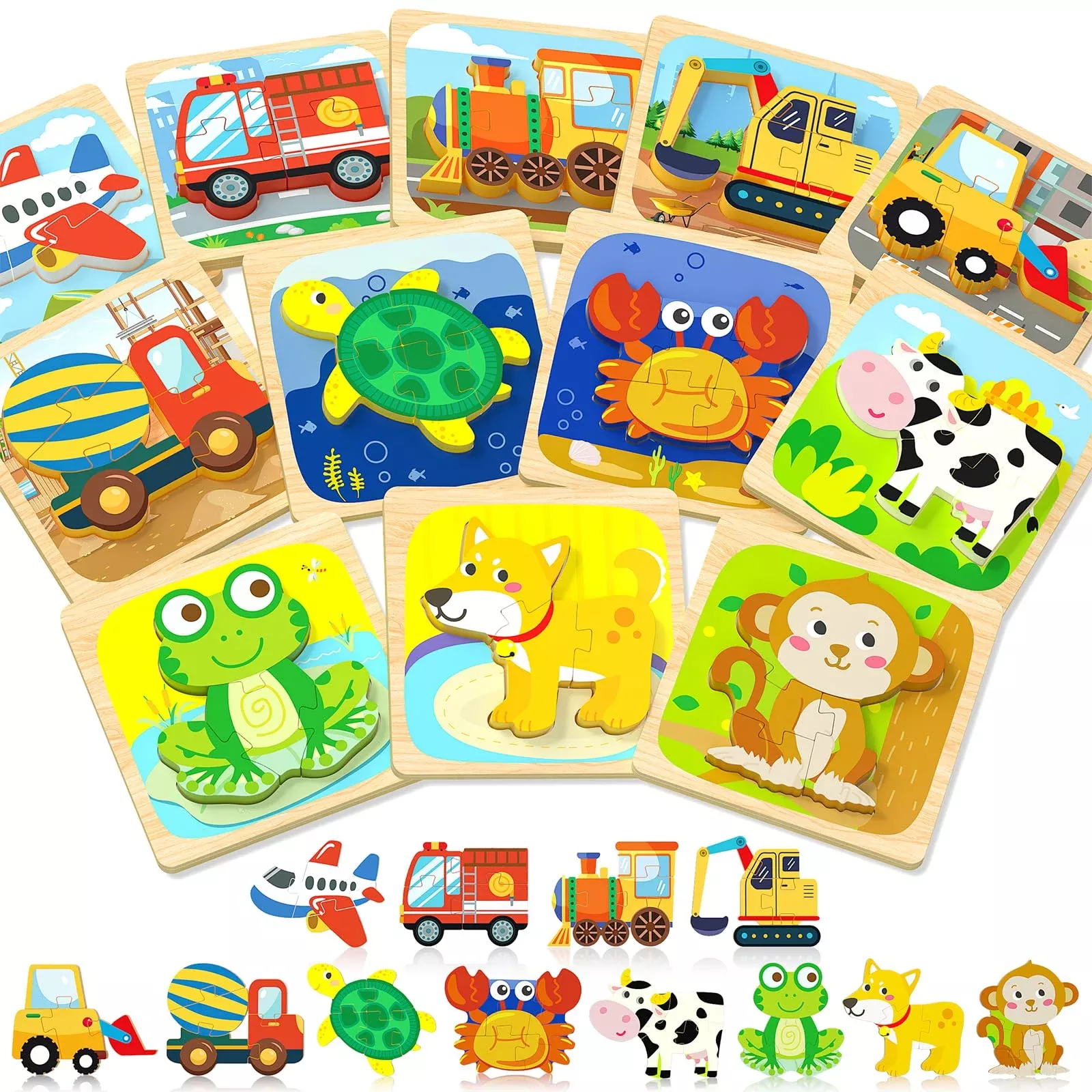 Benresive Toddler Vehicle Puzzles - 12 Pack, Montessori, 5.9