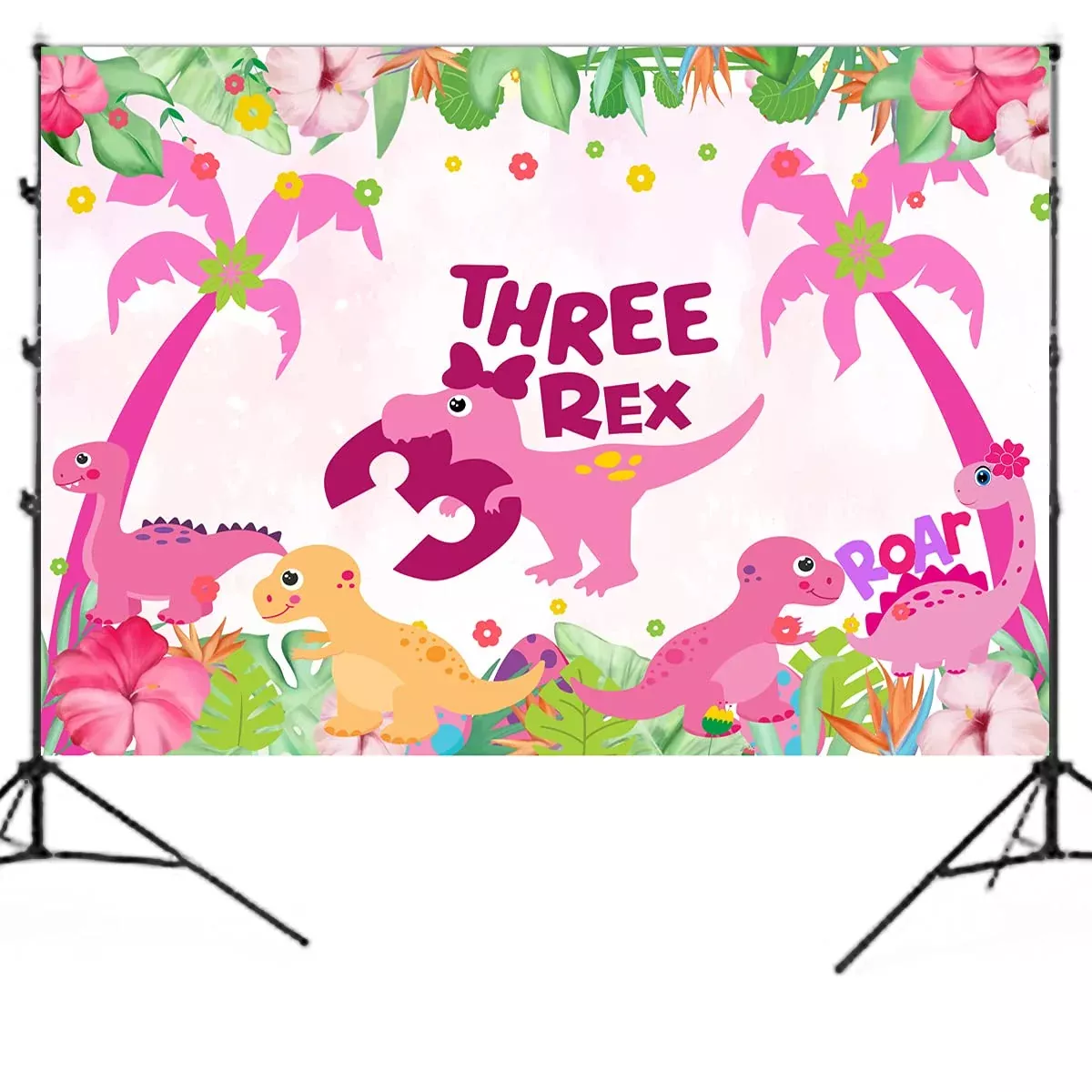 BEOXAGAR Dinosaur Birthday Party Backdrop 5ftx3ft Pink 3