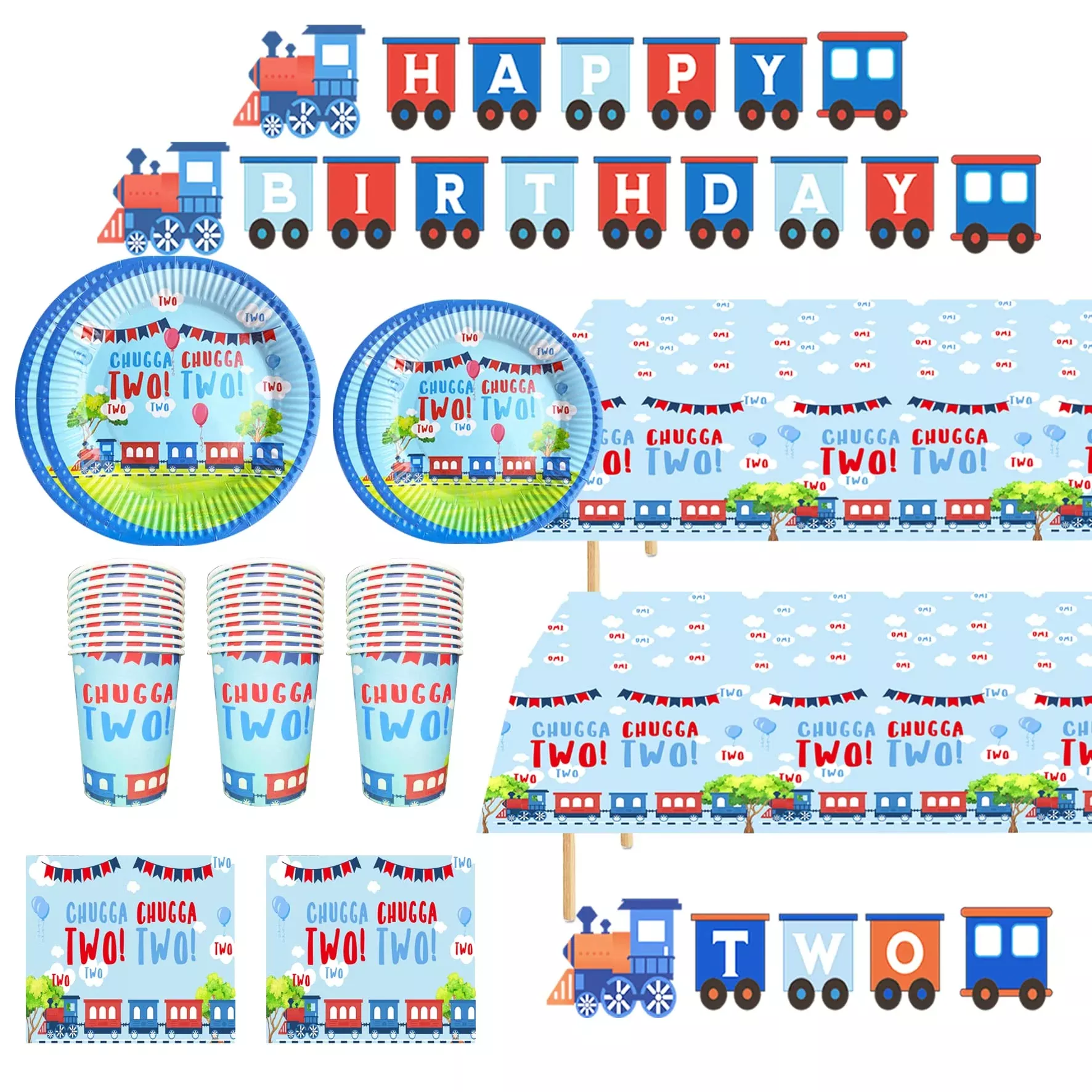 BEOXAGAR Train Birthday Party Decorations, Blue, 1 Set for 2 Years