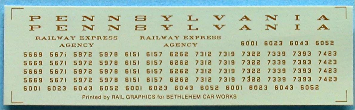 Bethlehem Car Works 214 HO Scale Pennsylvania Baggage Car Bronze Decals